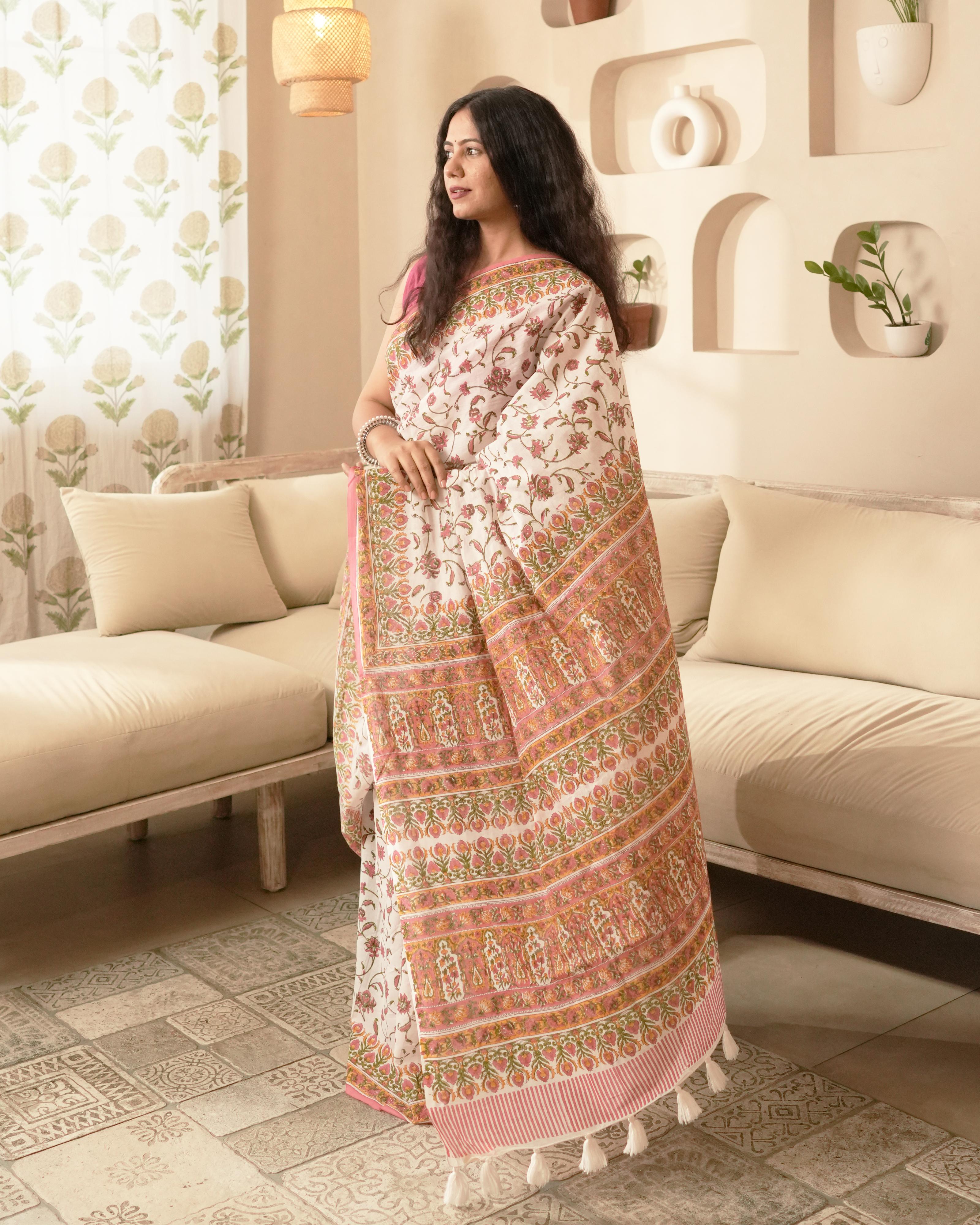 White & Magenta Jaal Block Print Mul Saree with Tassels