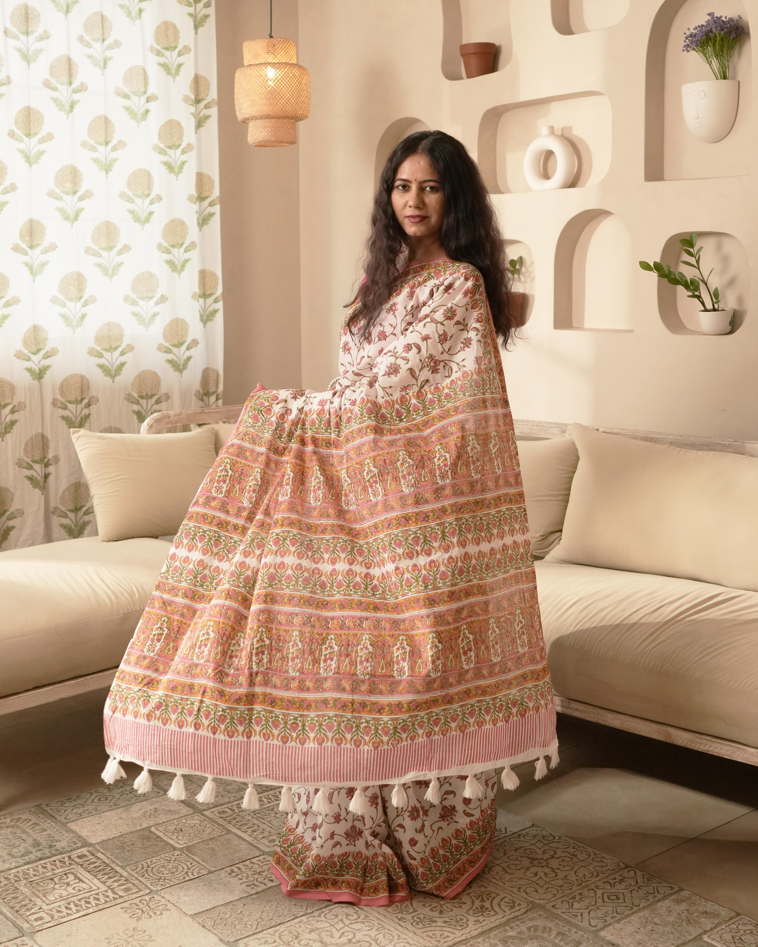 White & Magenta Jaal Block Print Mul Saree with Tassels