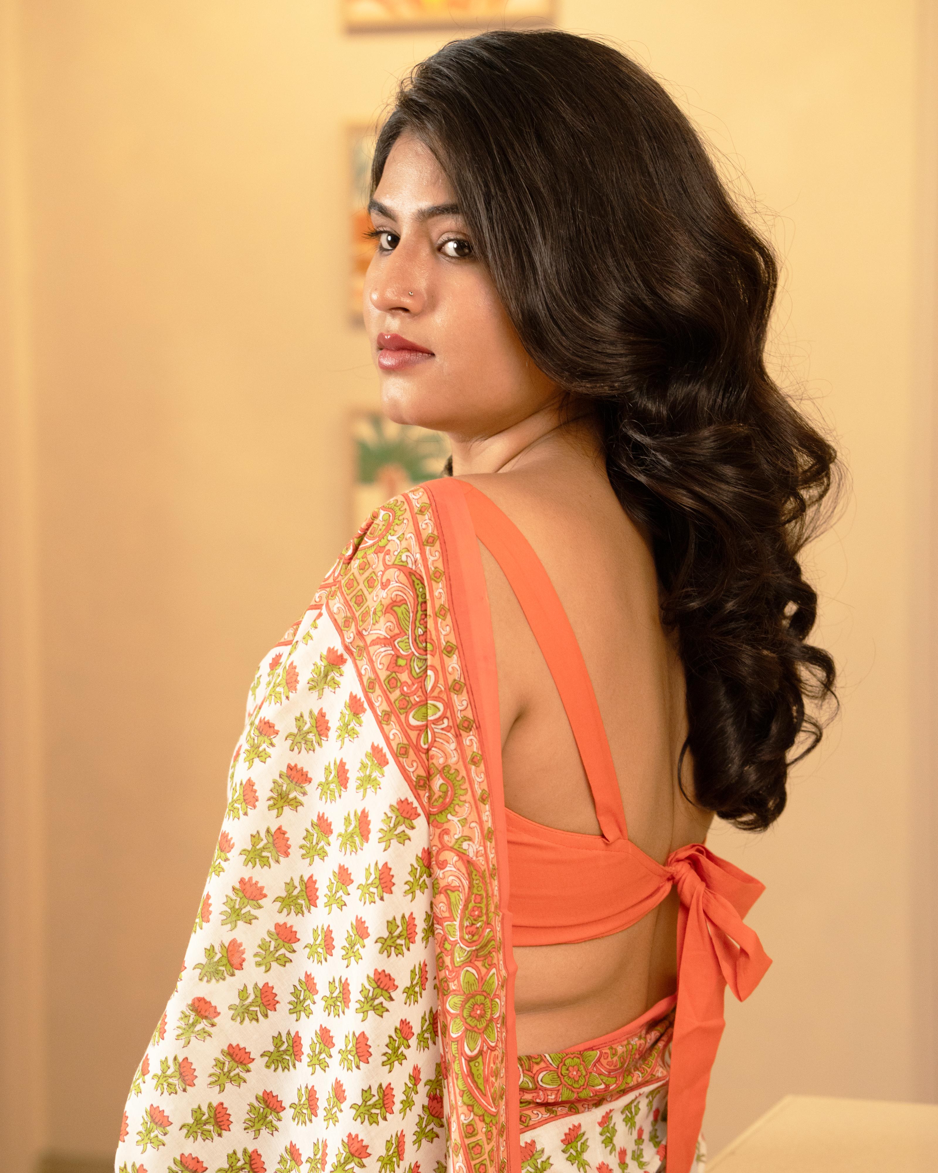 White & Orange Butti Handblock Print Mul Saree with Tassels