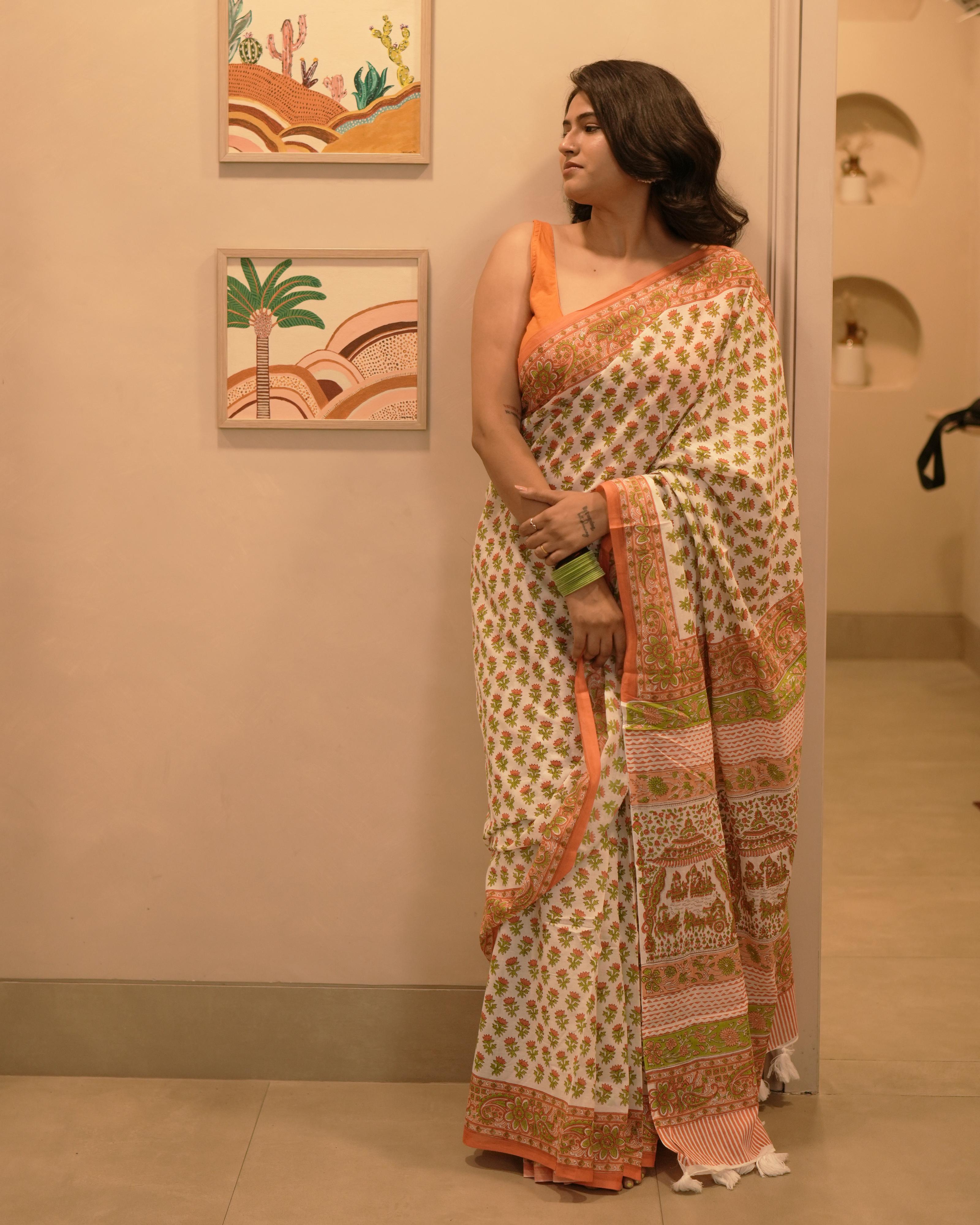 White & Orange Butti Handblock Print Mul Saree with Tassels