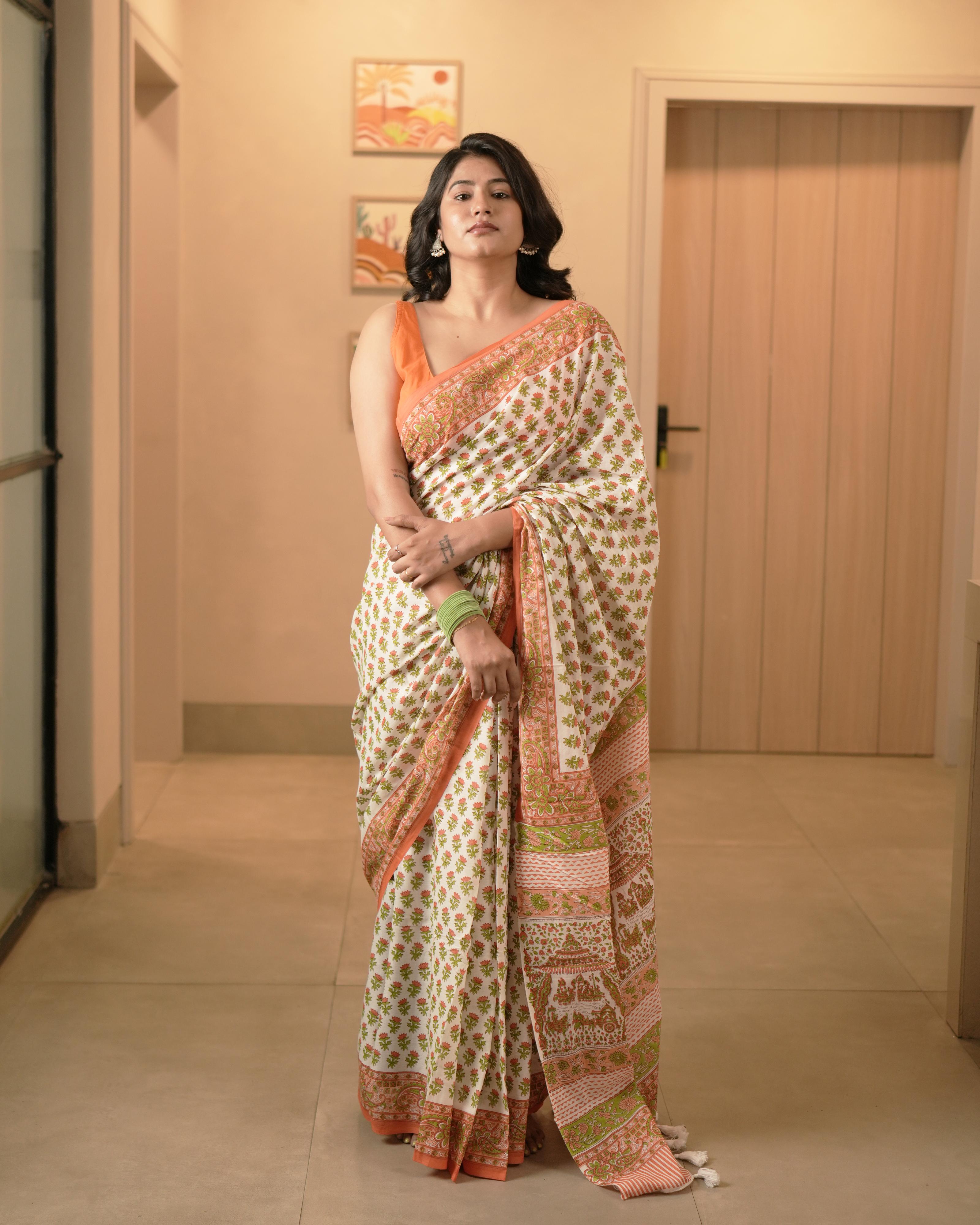 White & Orange Butti Handblock Print Mul Saree with Tassels