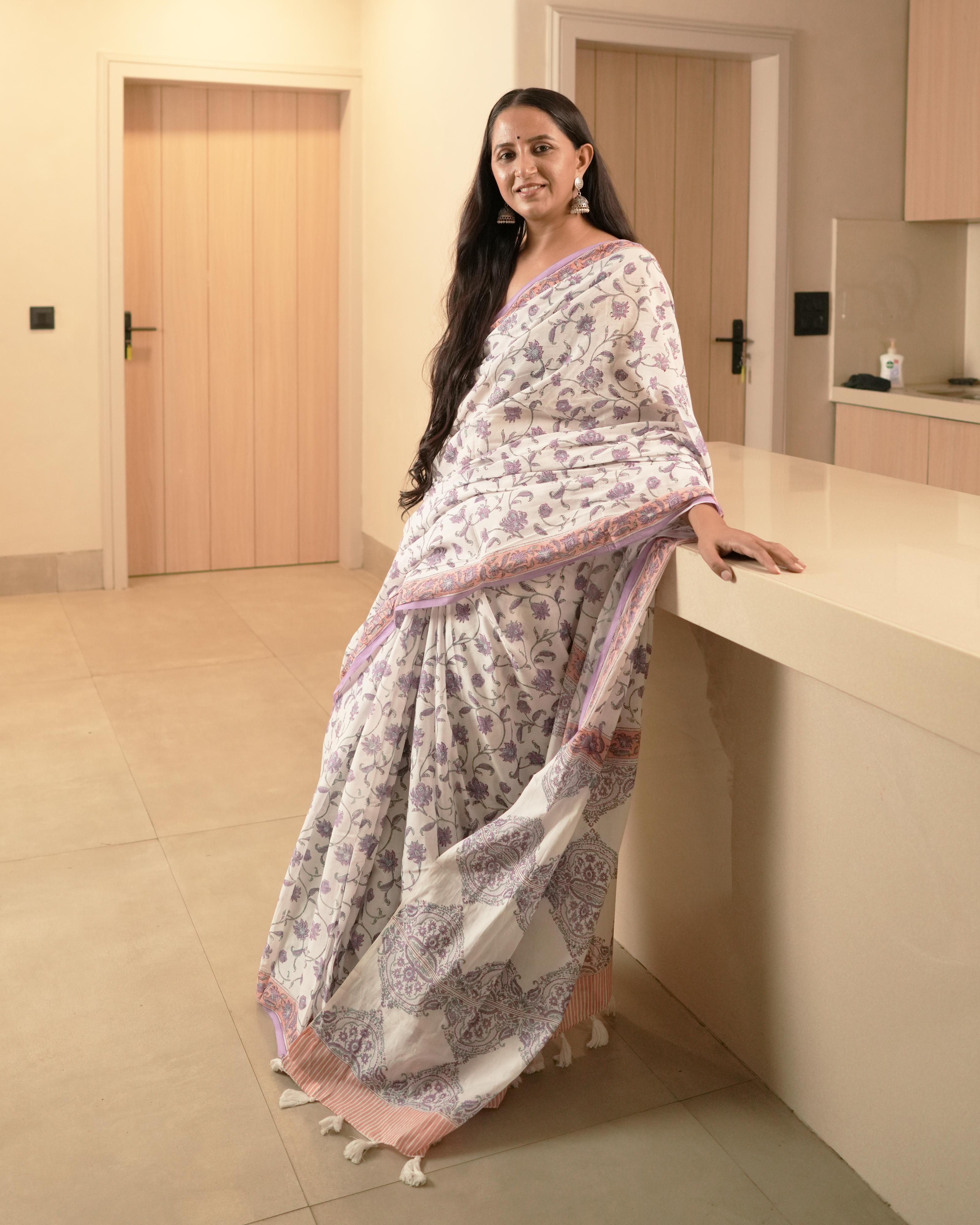 White & Purple Jaal Handblock Print Mul Saree with Tassels