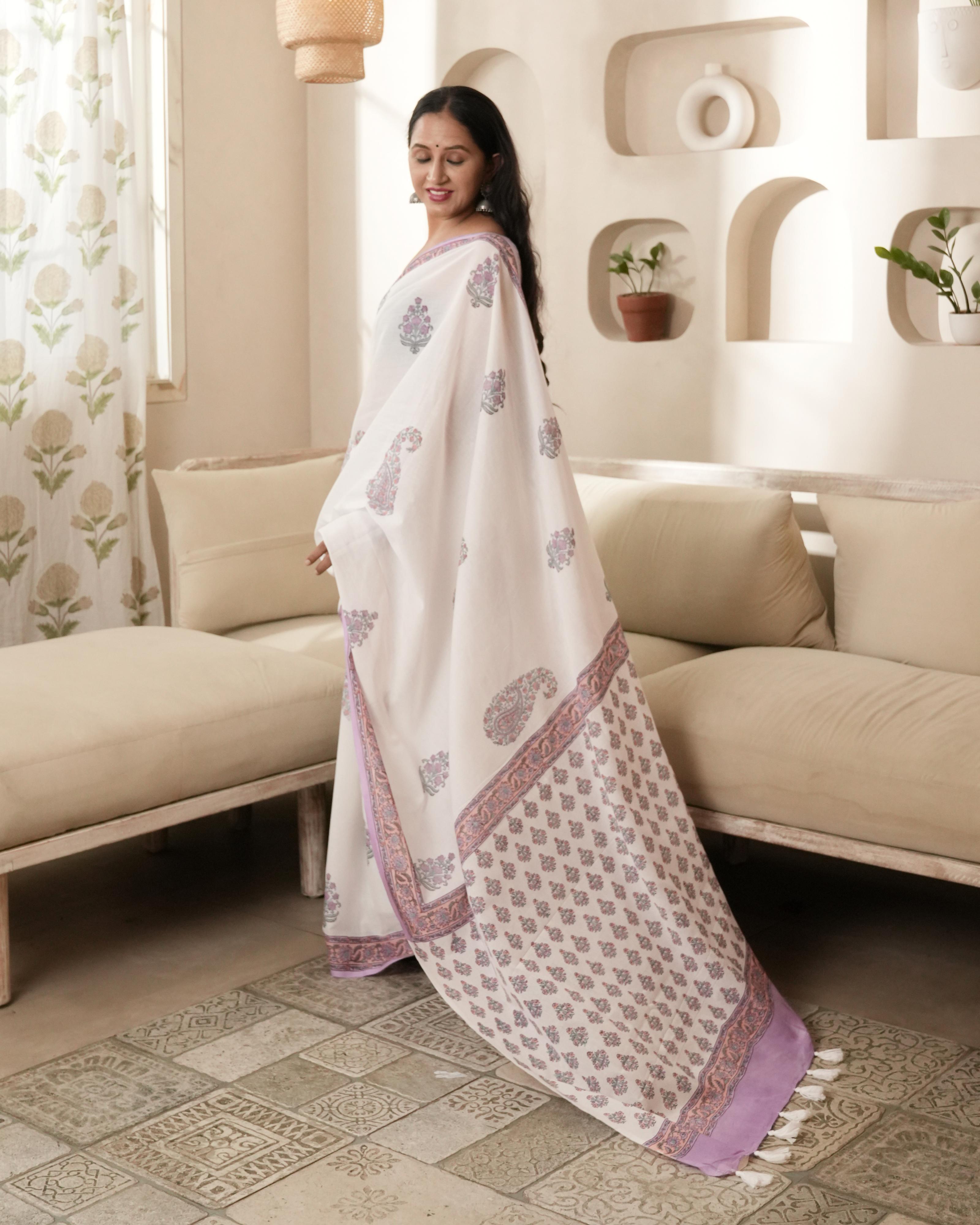 White & Purple Paisley Butta Handblock Print Mul Saree with Tassels