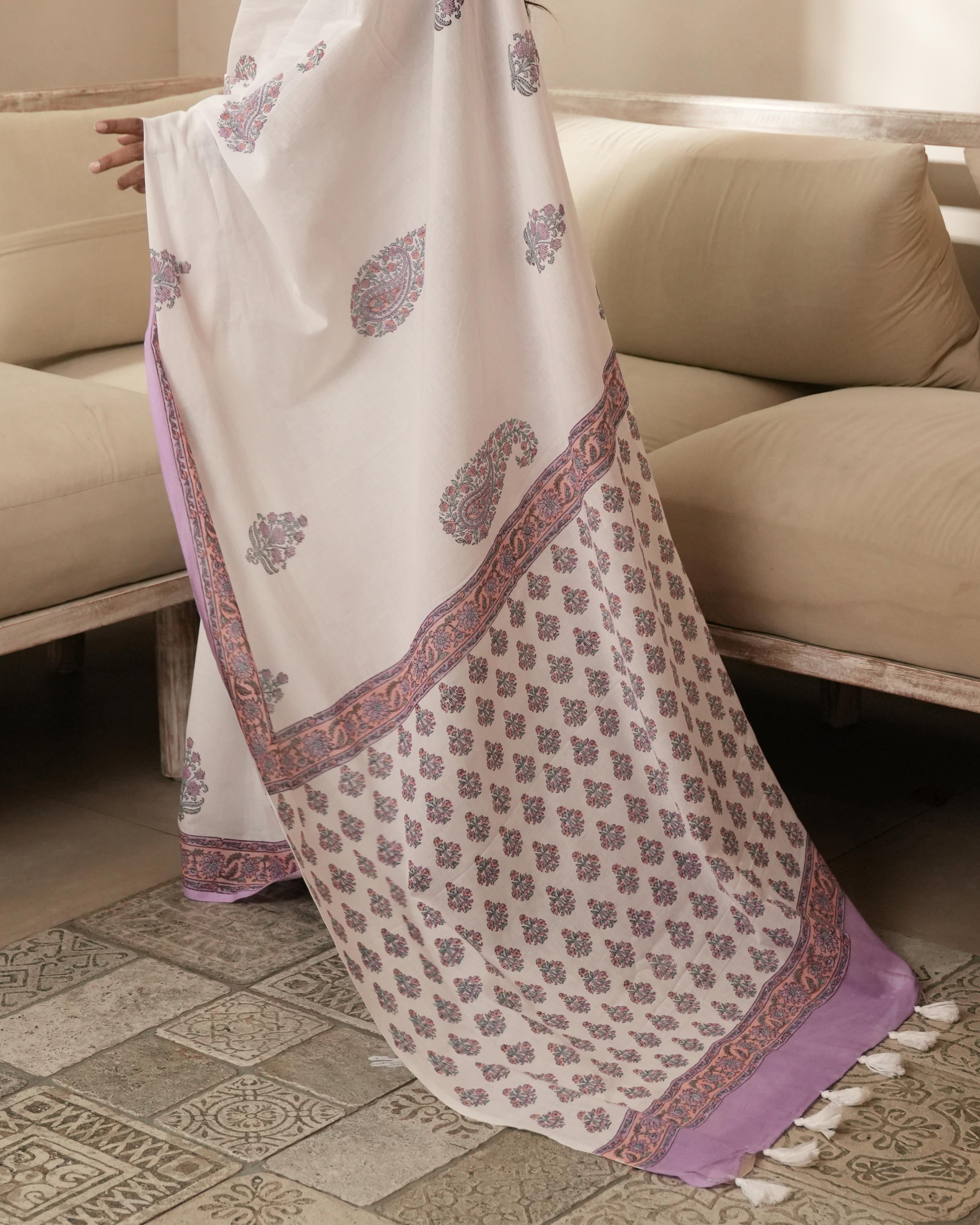 White & Purple Paisley Butta Handblock Print Mul Saree with Tassels