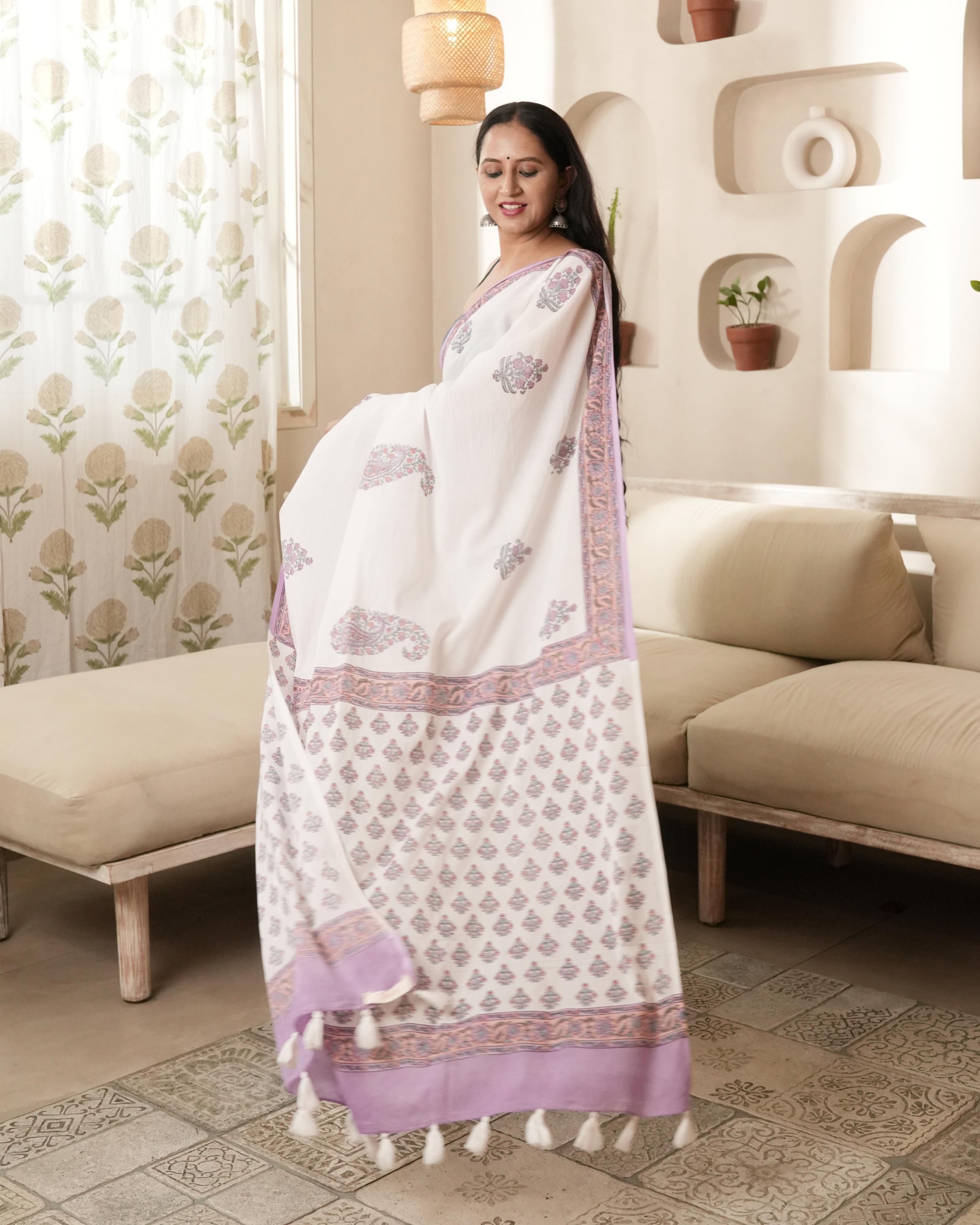 White & Purple Paisley Butta Handblock Print Mul Saree with Tassels