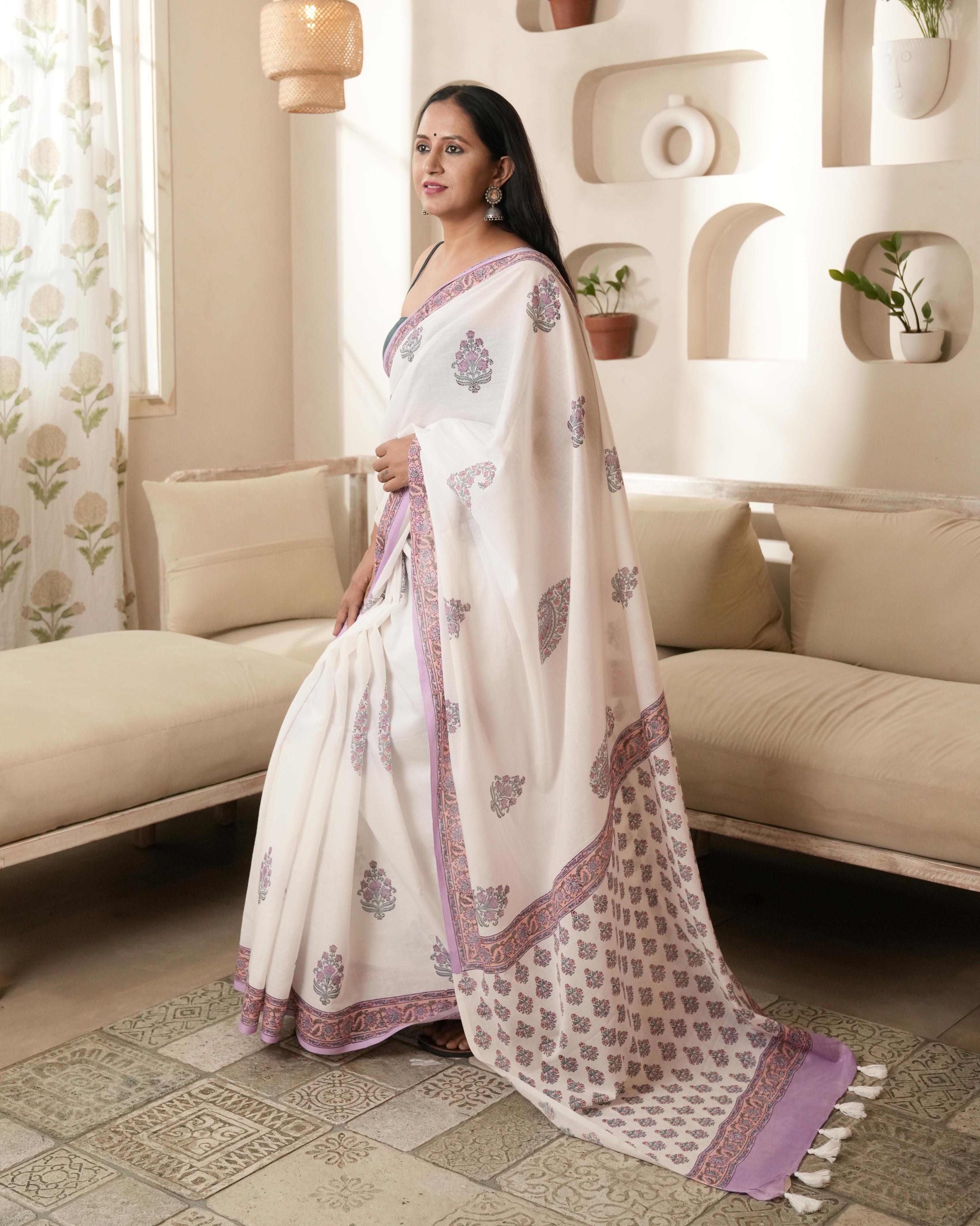 White & Purple Paisley Butta Handblock Print Mul Saree with Tassels