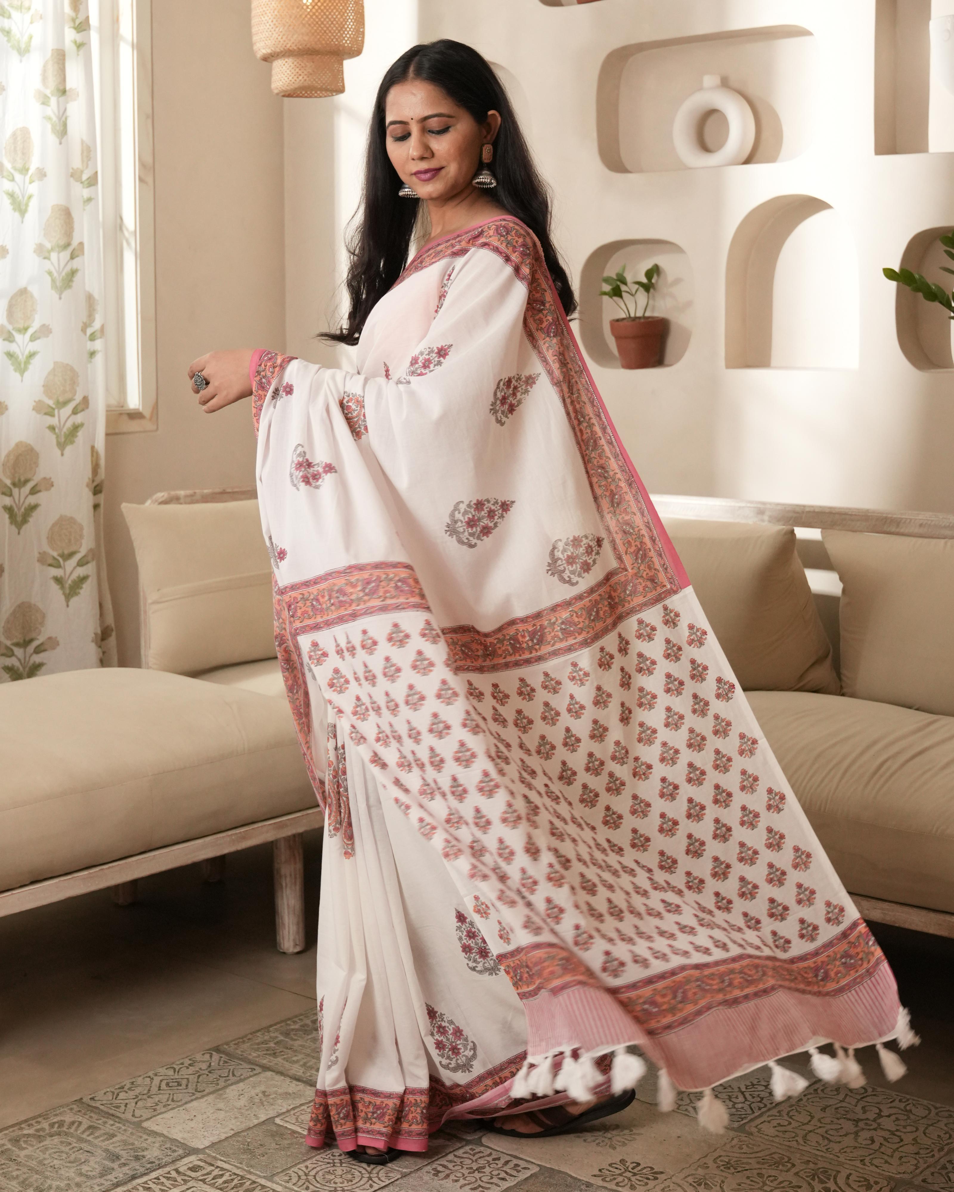 White & Pink Butta Handblock Print Mul Saree with Tassels