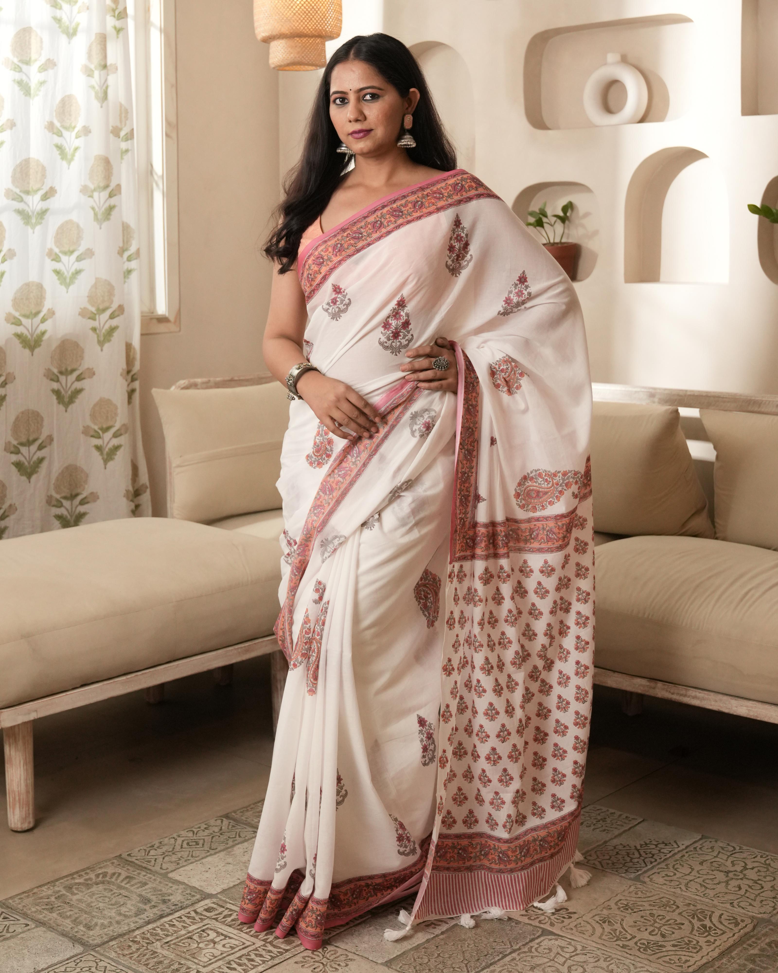 White & Pink Butta Handblock Print Mul Saree with Tassels