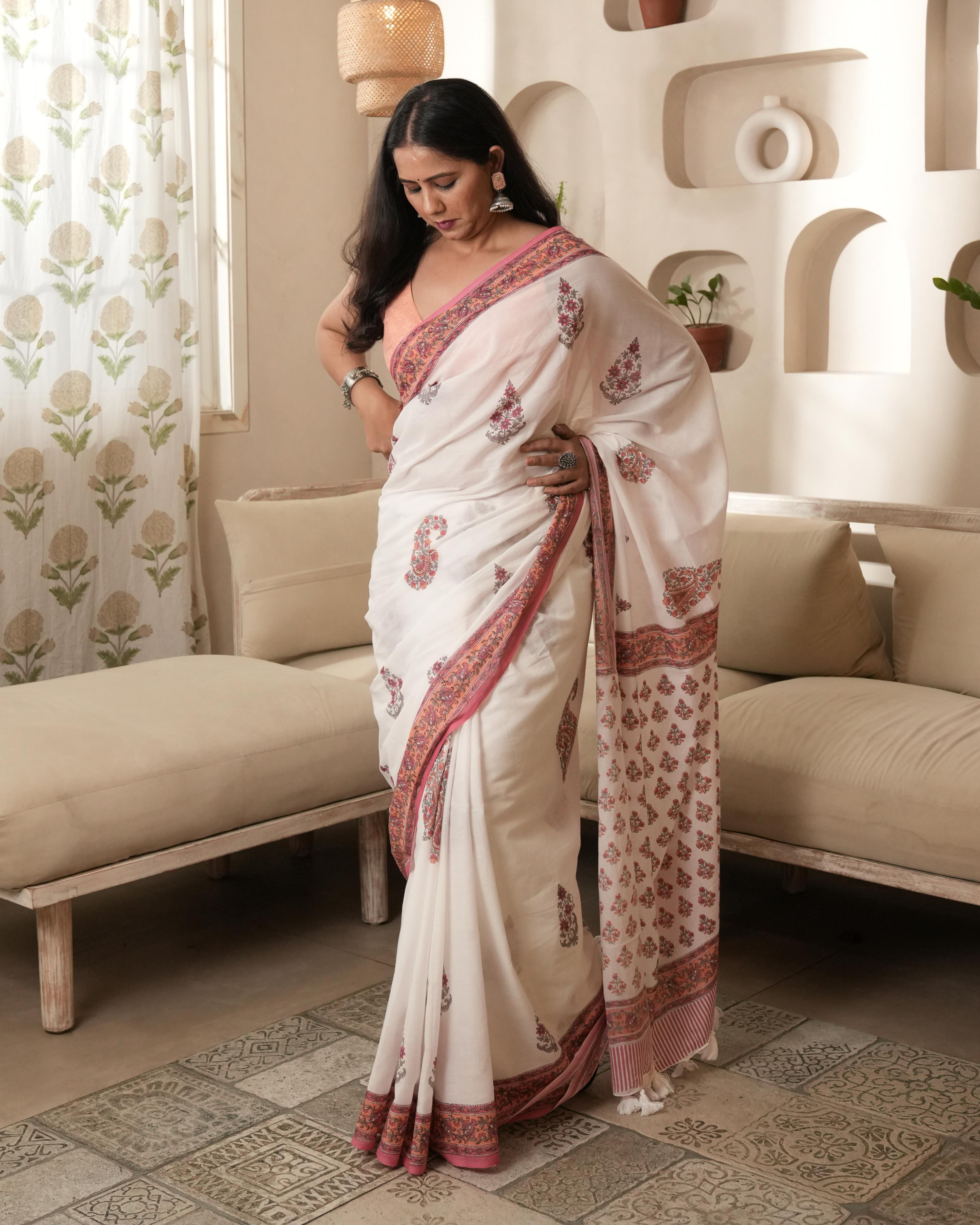 White & Pink Butta Handblock Print Mul Saree with Tassels