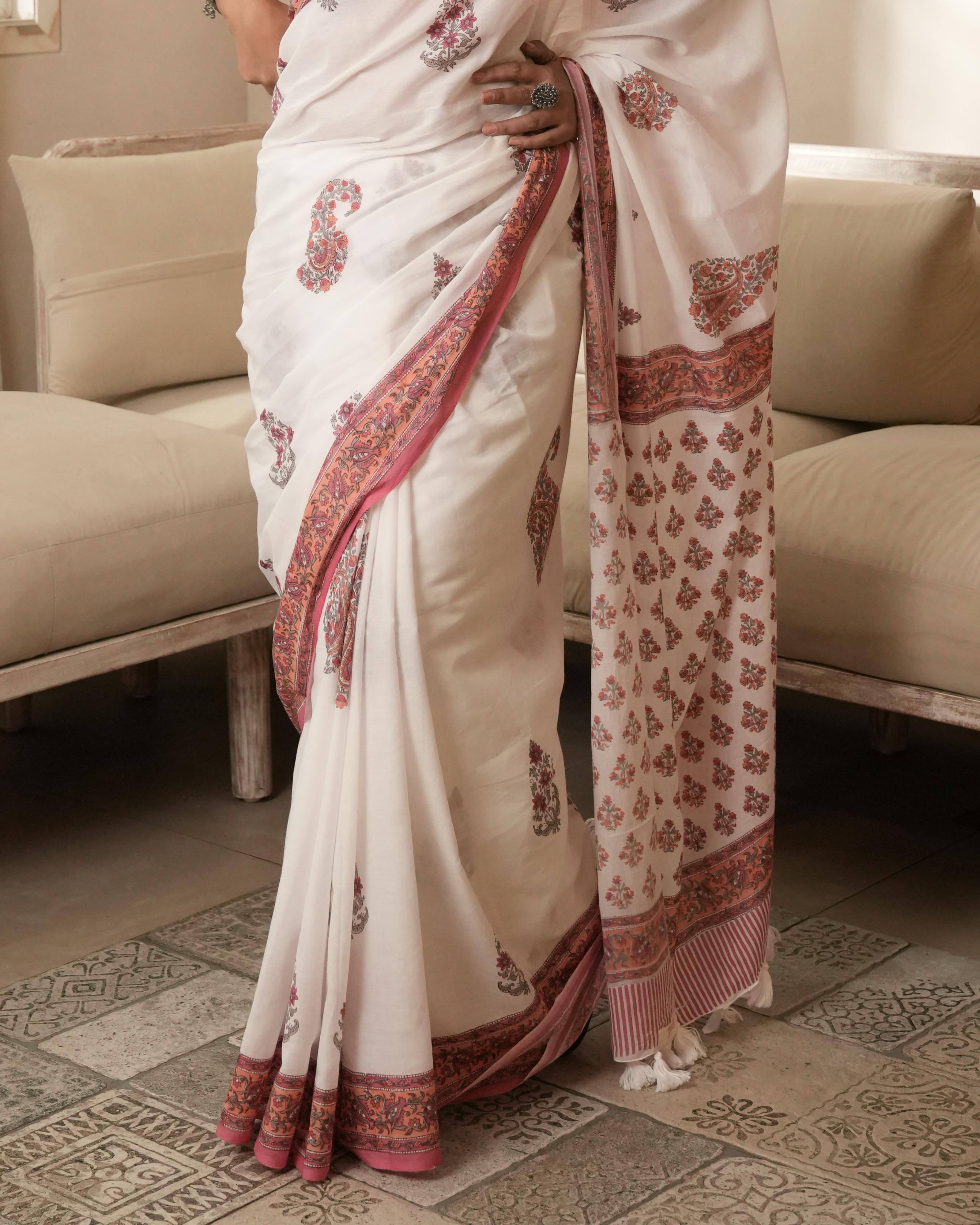 White & Pink Butta Handblock Print Mul Saree with Tassels