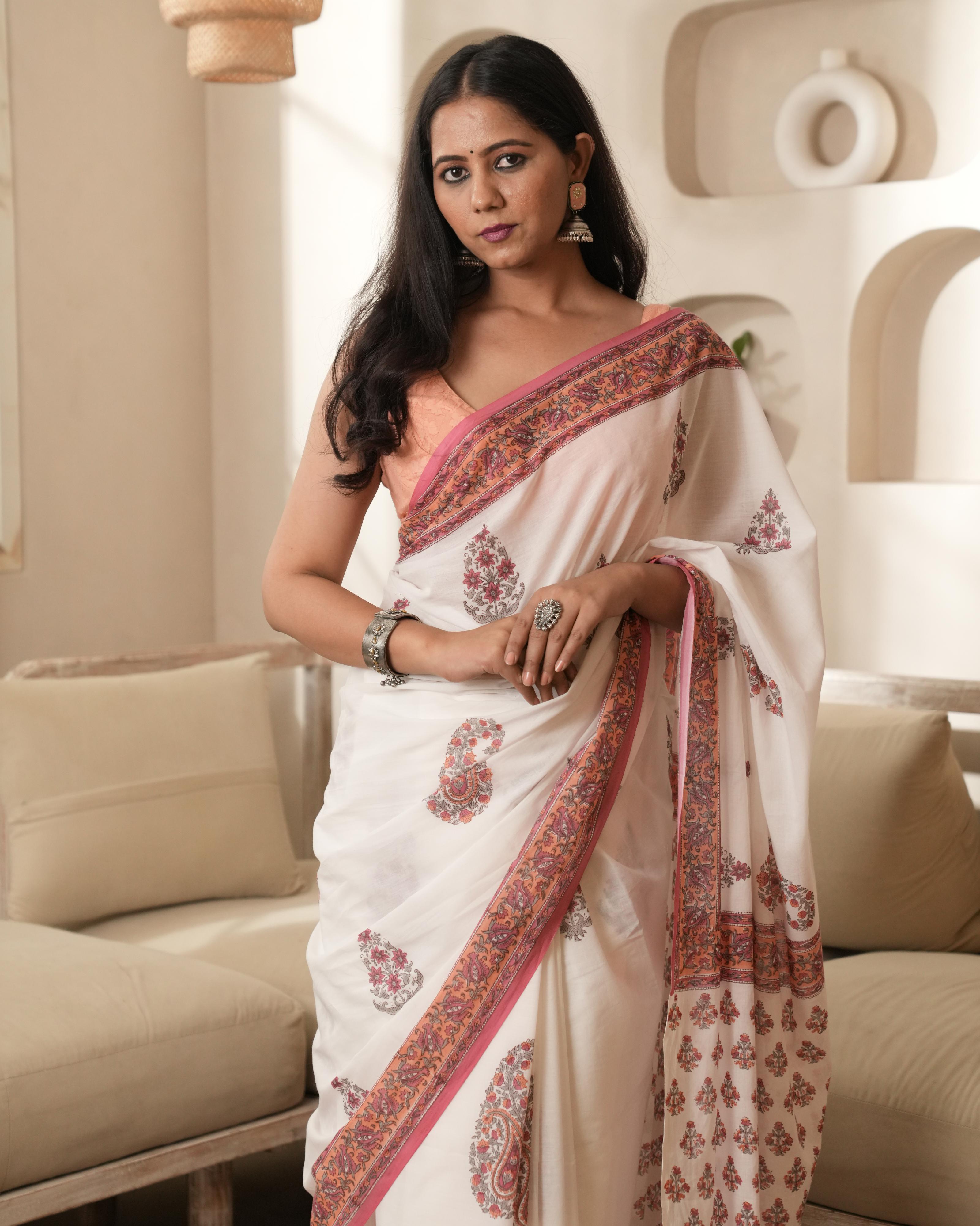 White & Pink Butta Handblock Print Mul Saree with Tassels