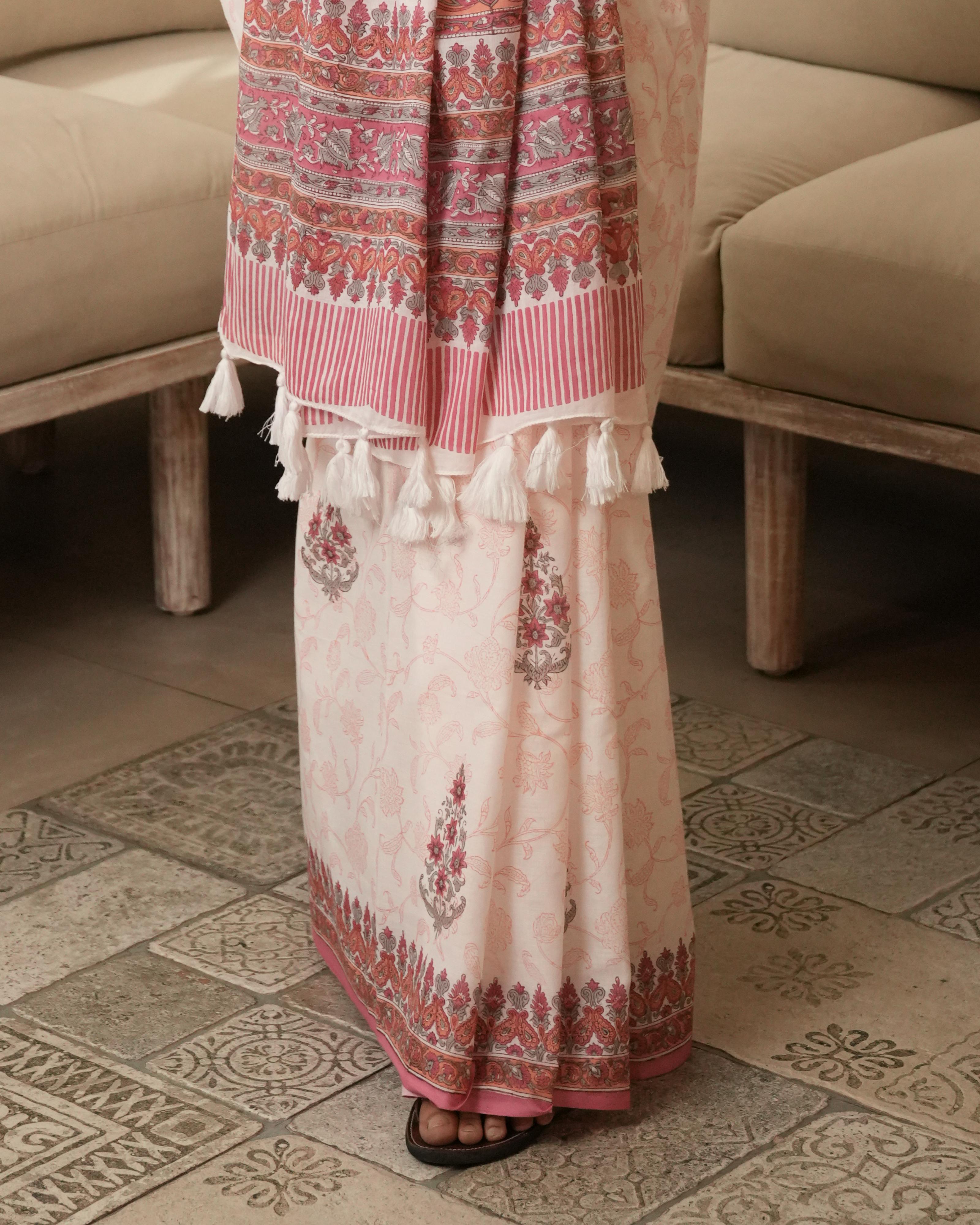 White & Peach Handblock Print Mul Saree with Tassels