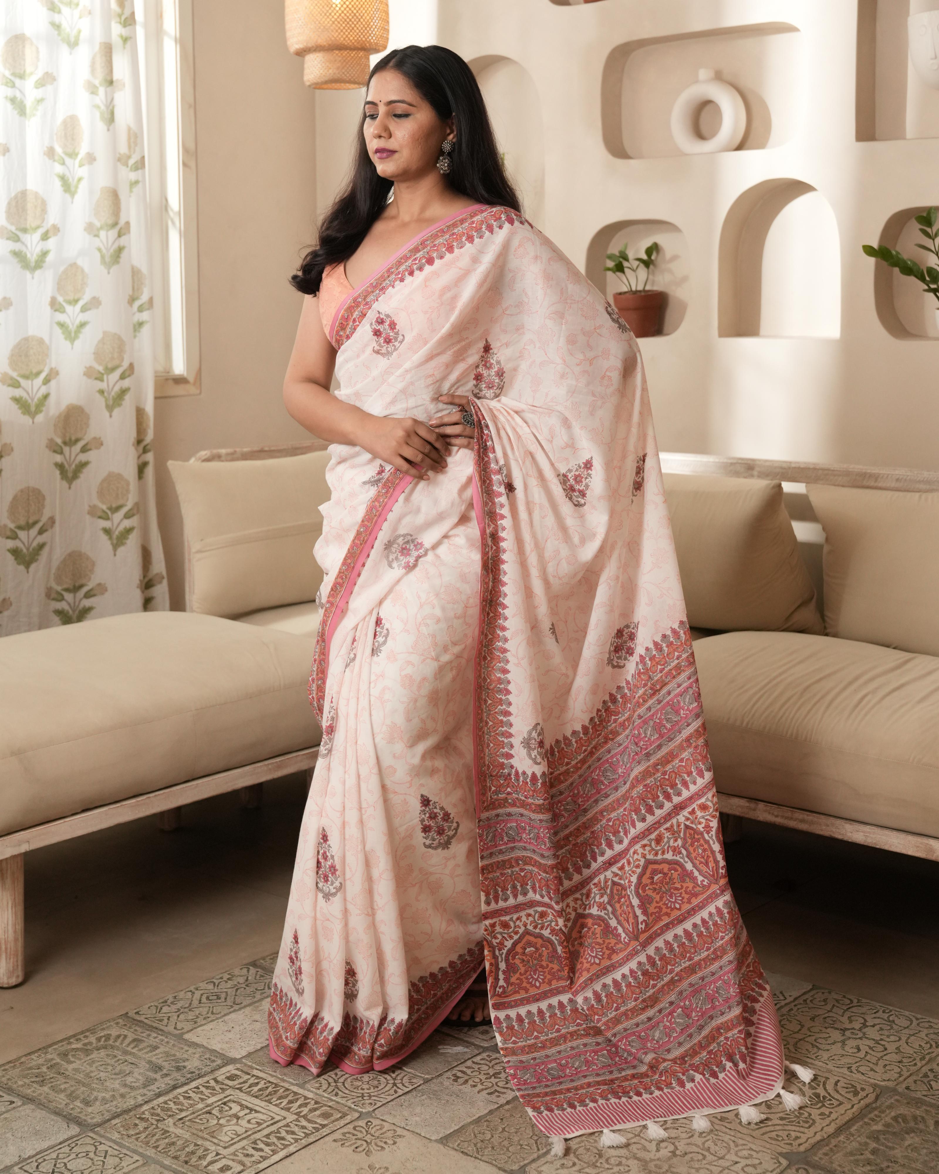 White & Peach Handblock Print Mul Saree with Tassels