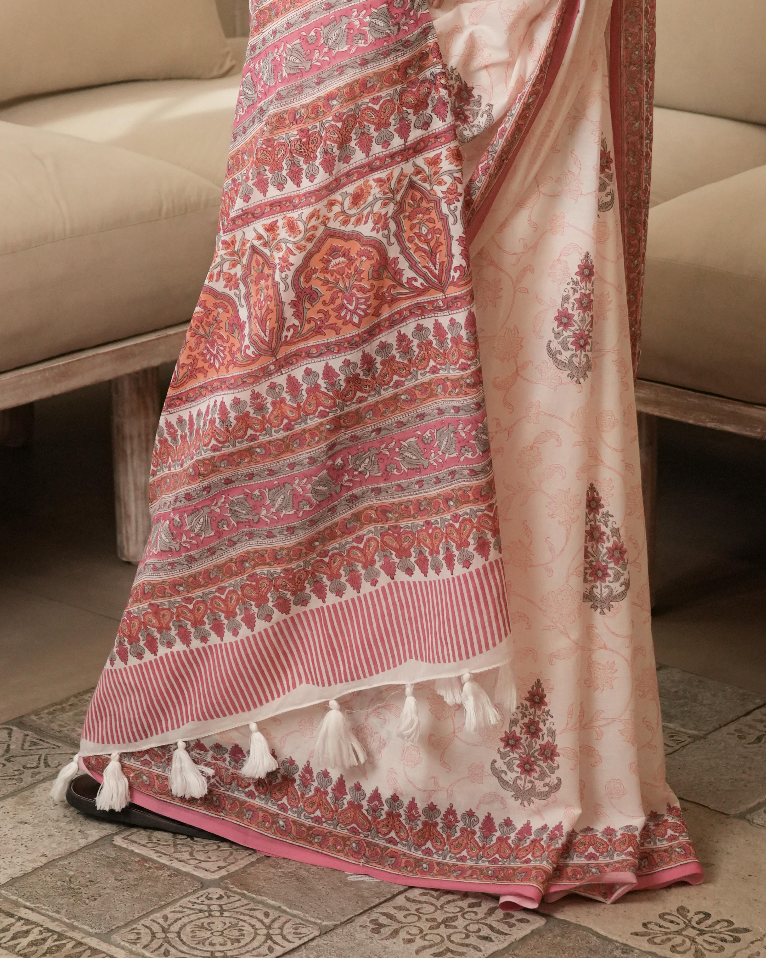 White & Peach Handblock Print Mul Saree with Tassels