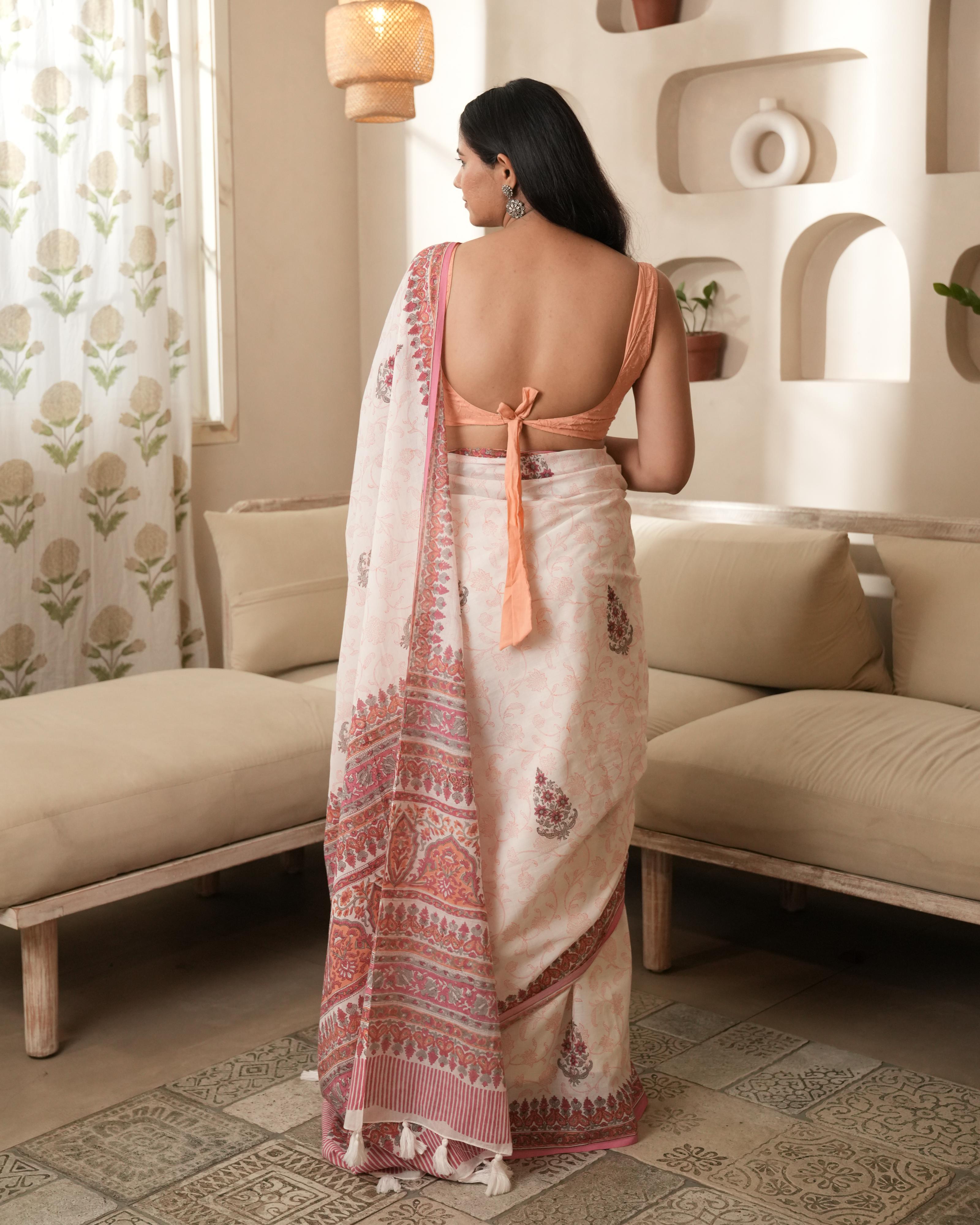White & Peach Handblock Print Mul Saree with Tassels