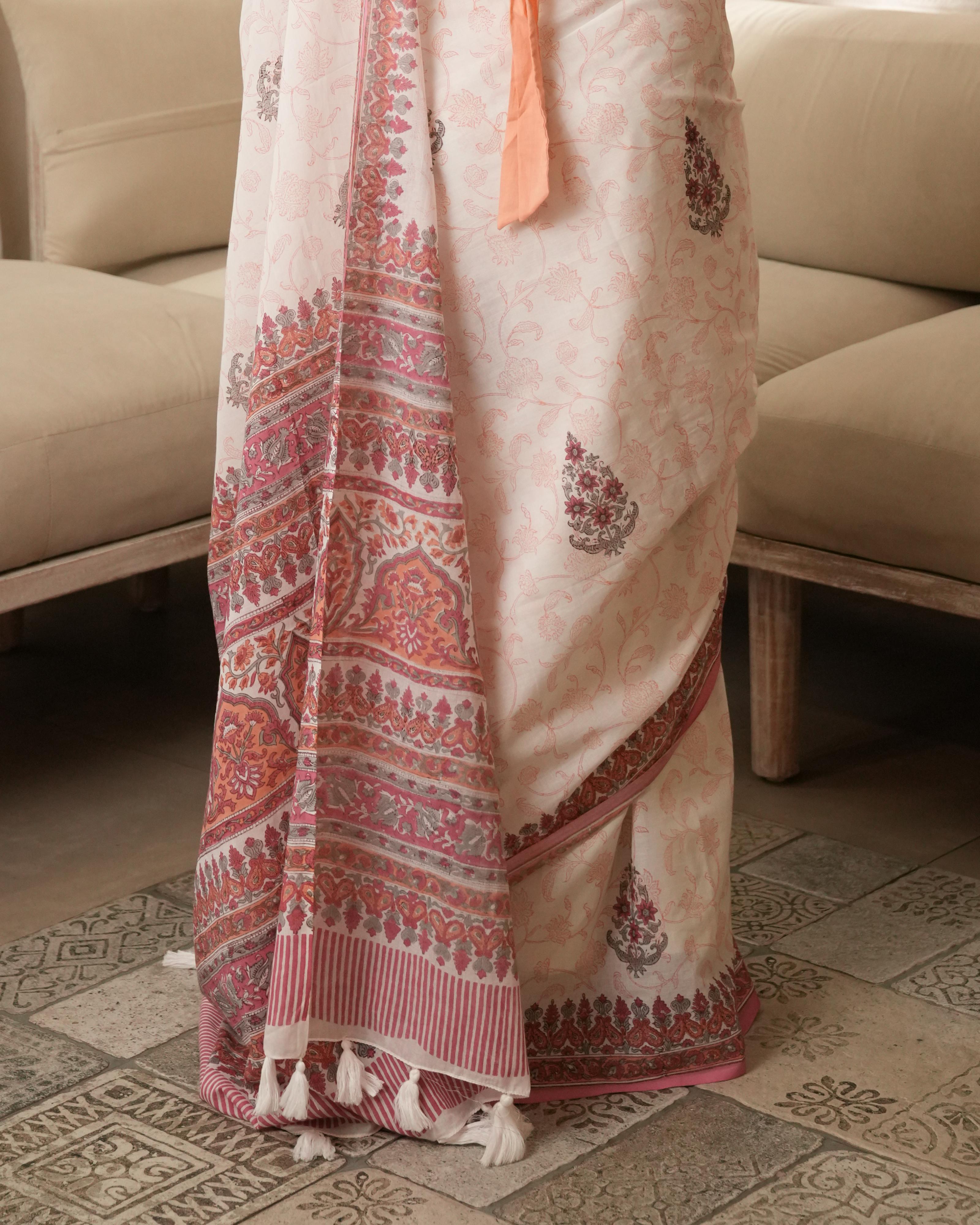 White & Peach Handblock Print Mul Saree with Tassels