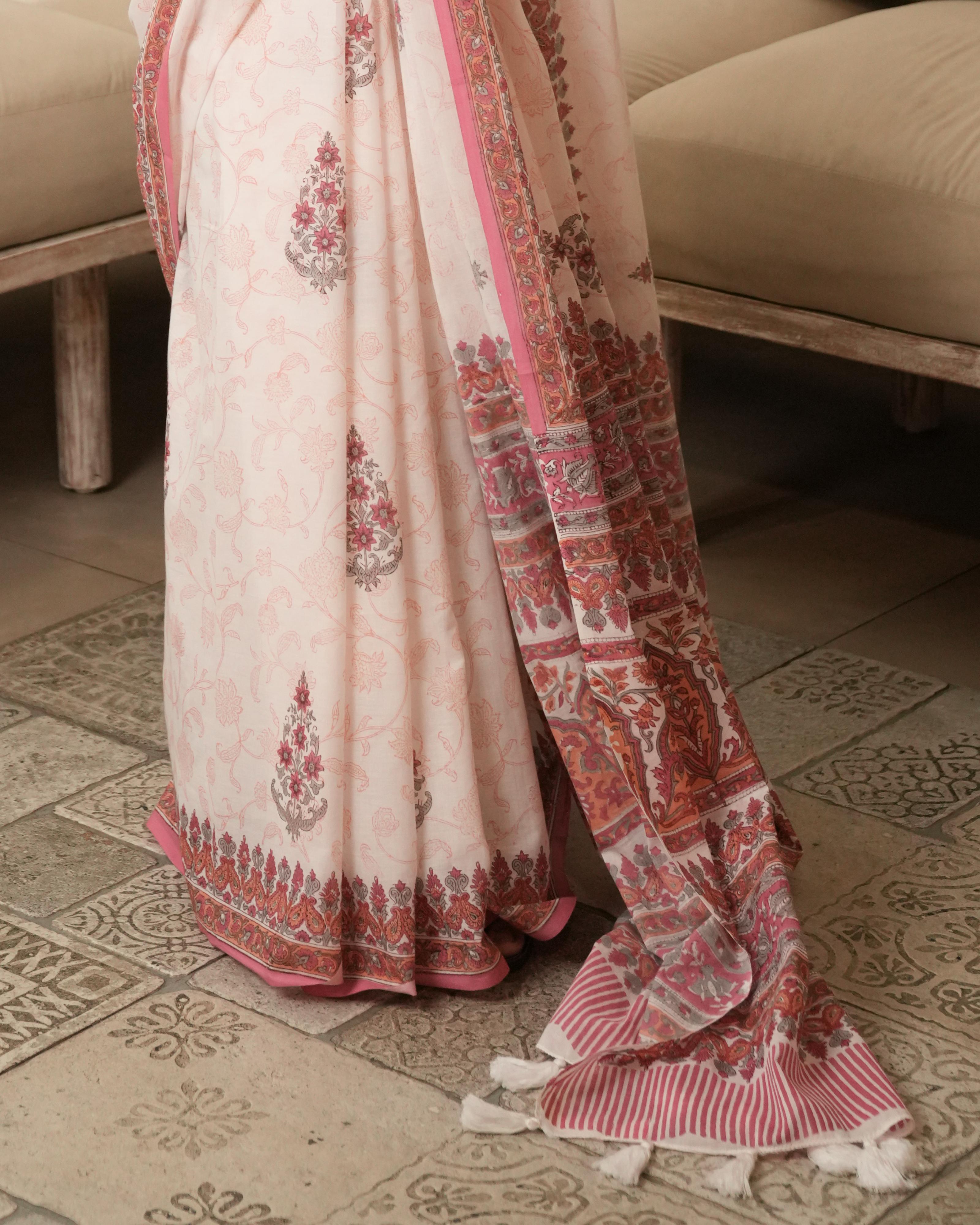 White & Peach Handblock Print Mul Saree with Tassels