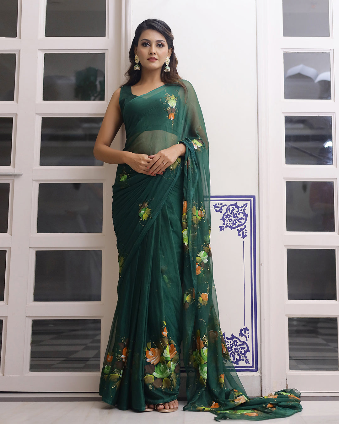 Floral Hand Painted Bottle Green Chiffon Saree