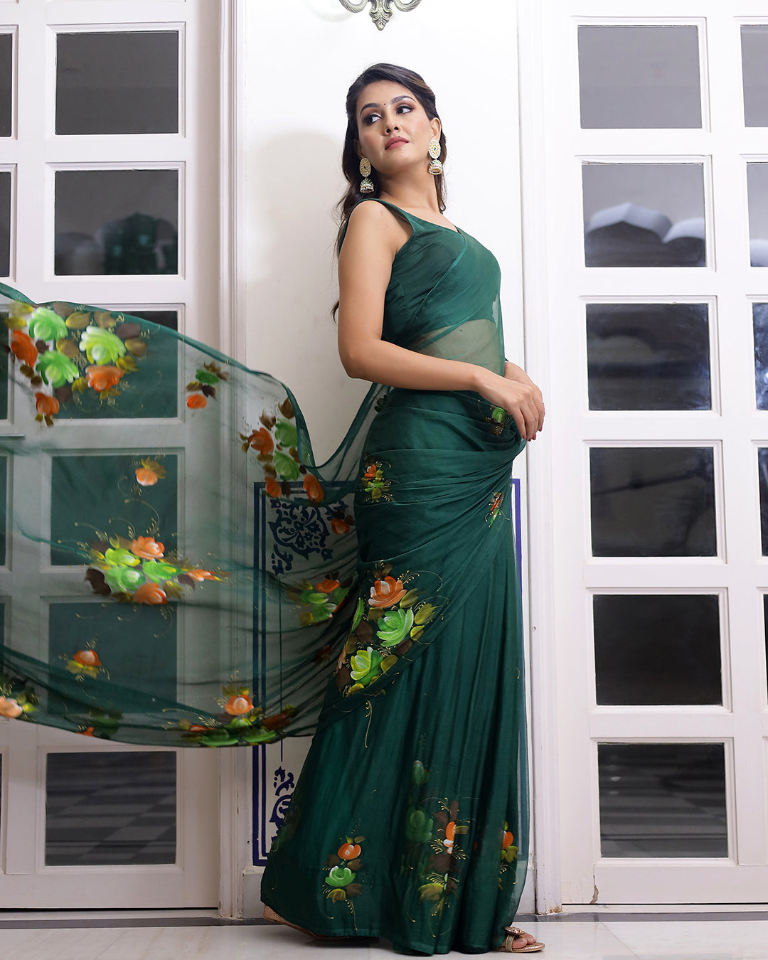 Floral Hand Painted Bottle Green Chiffon Saree