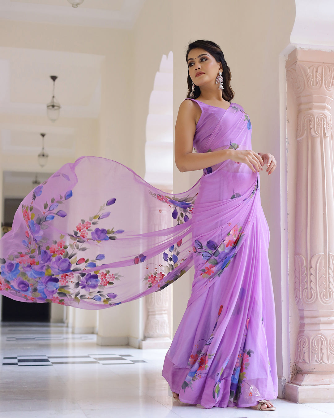 Floral Hand-Painted Lilac Chiffon Saree