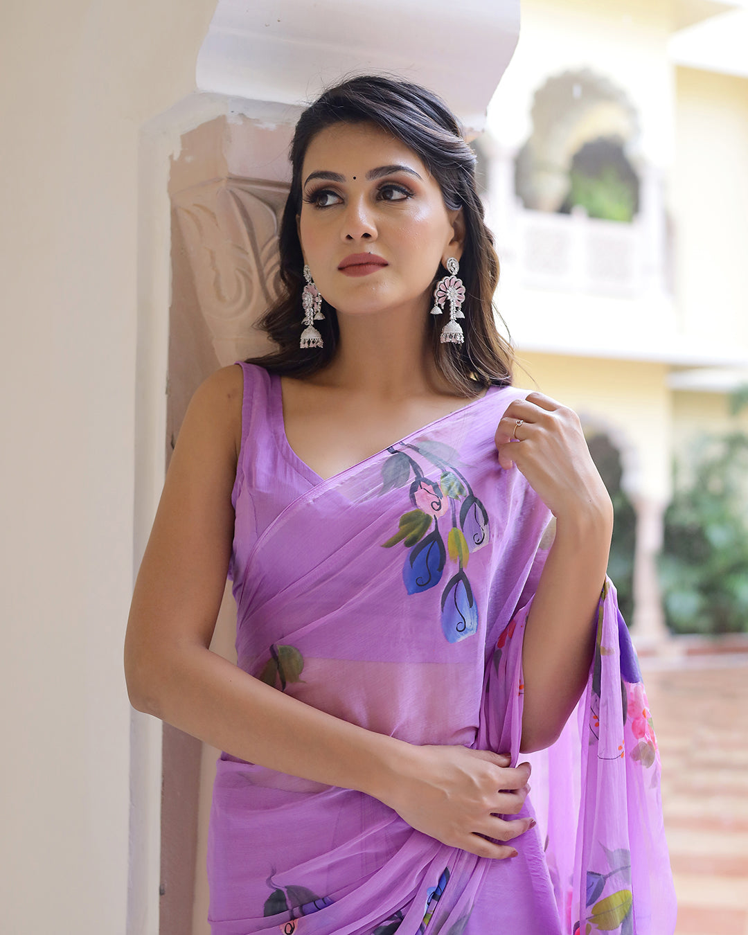 Floral Hand-Painted Lilac Chiffon Saree