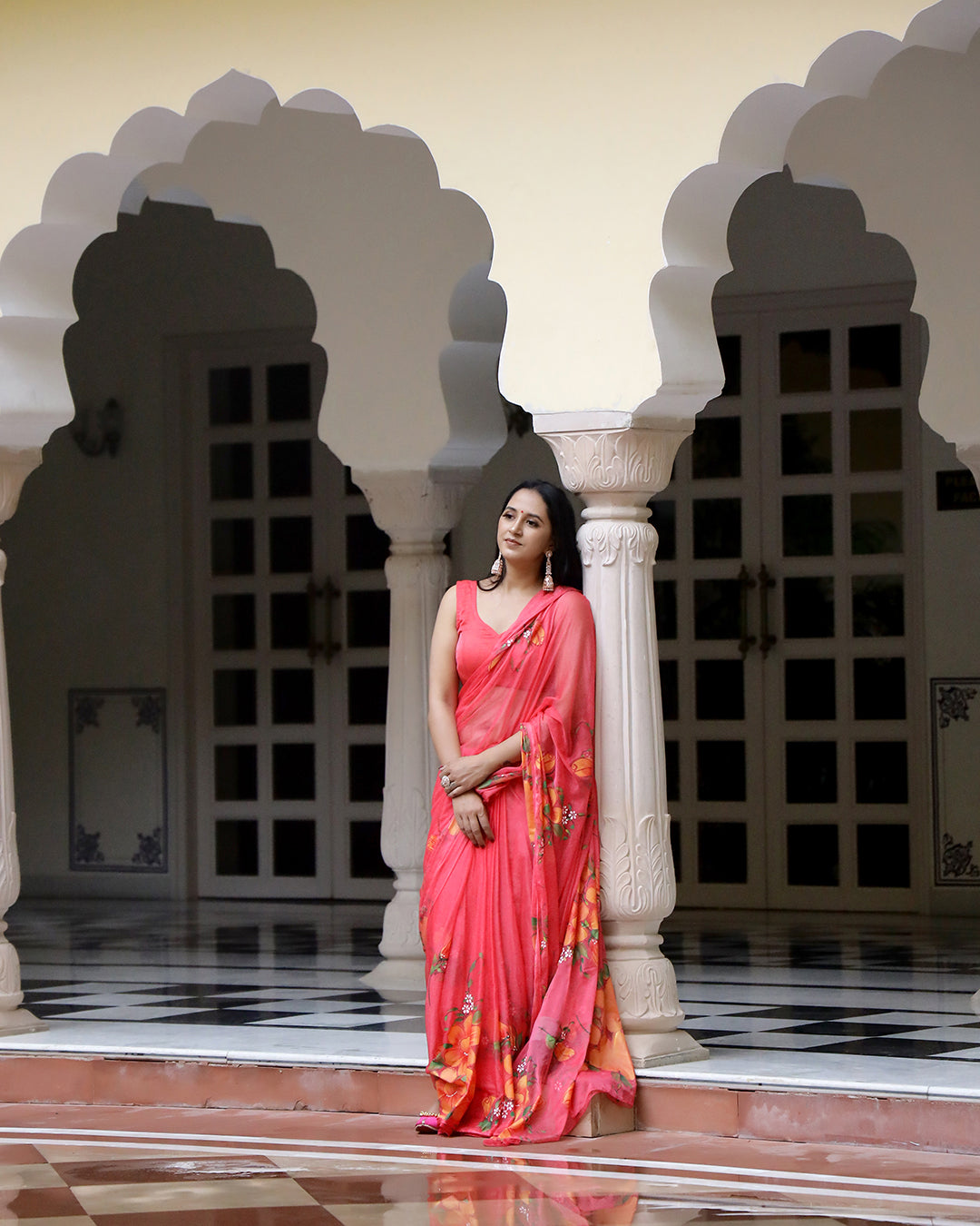 Floral Hand Painted Crimson Chiffon Saree