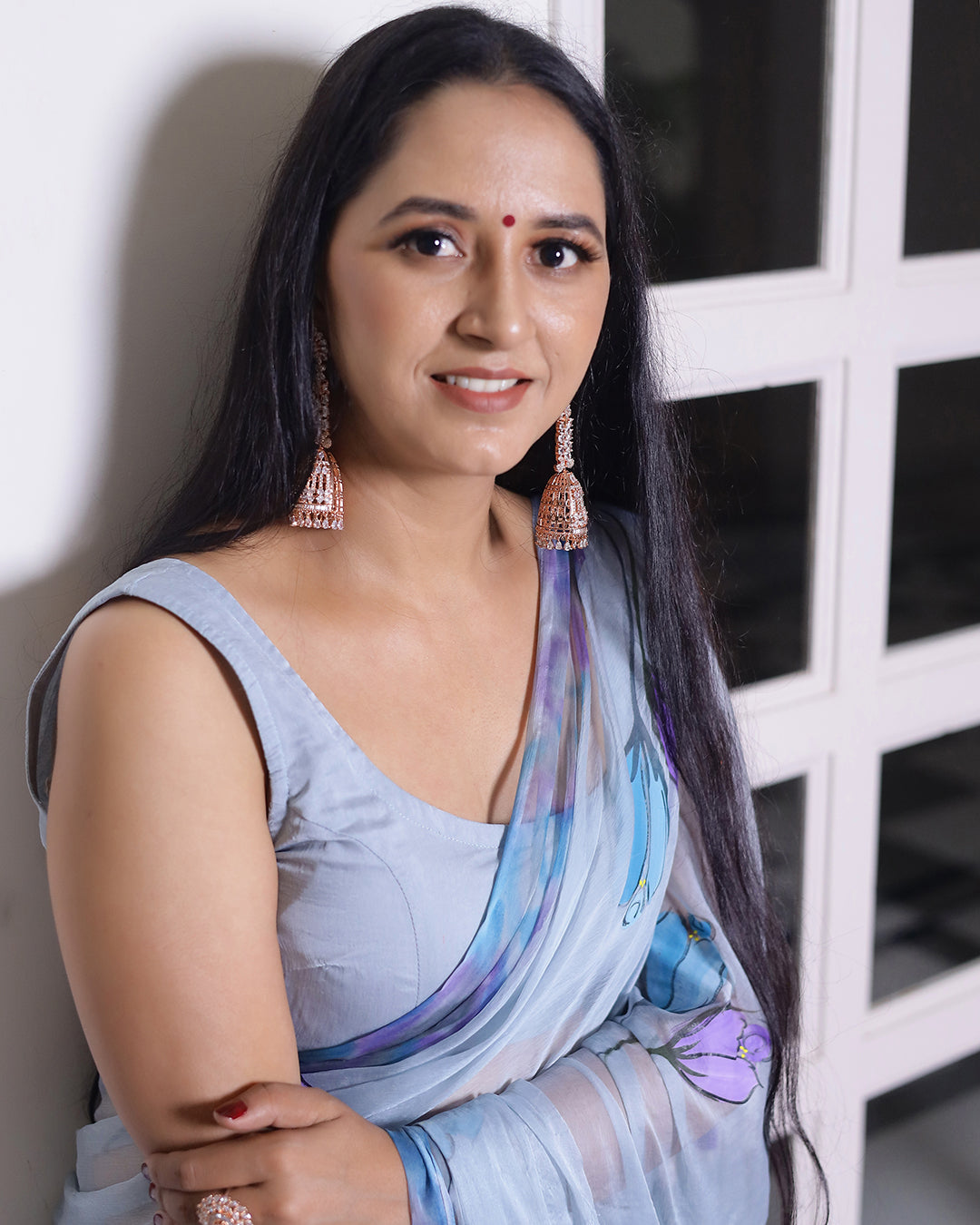 Floral Hand Painted Powder Blue Chiffon Saree