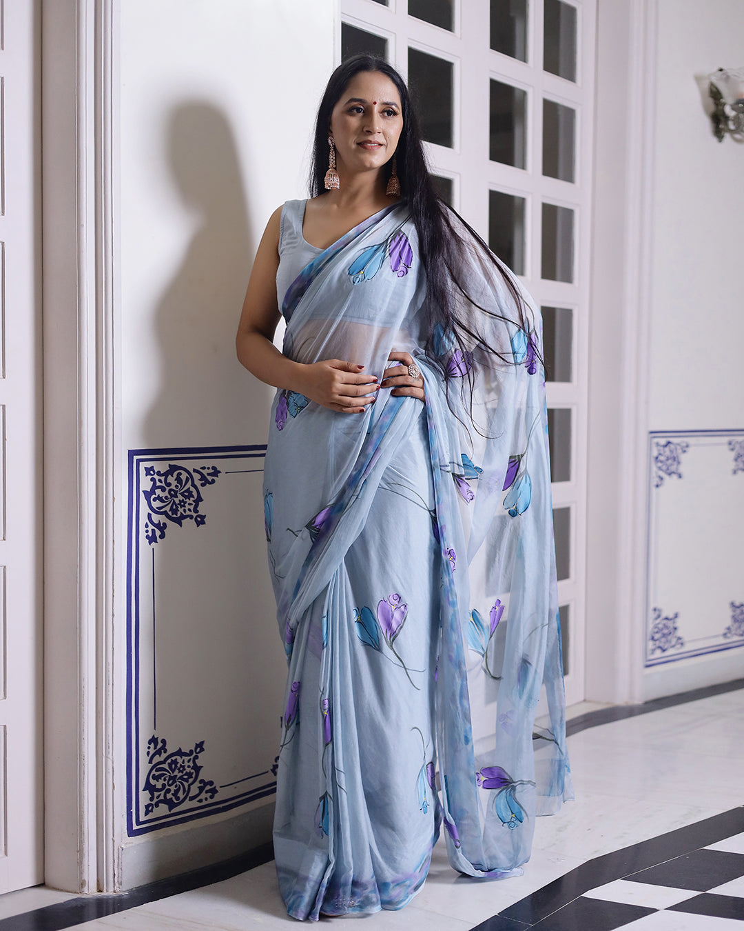 Floral Hand Painted Powder Blue Chiffon Saree
