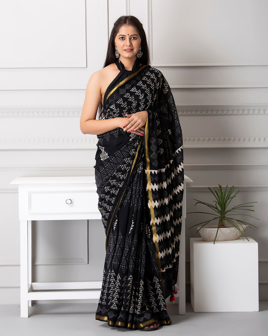 Tree Handblock Printed Black Mulmul Saree