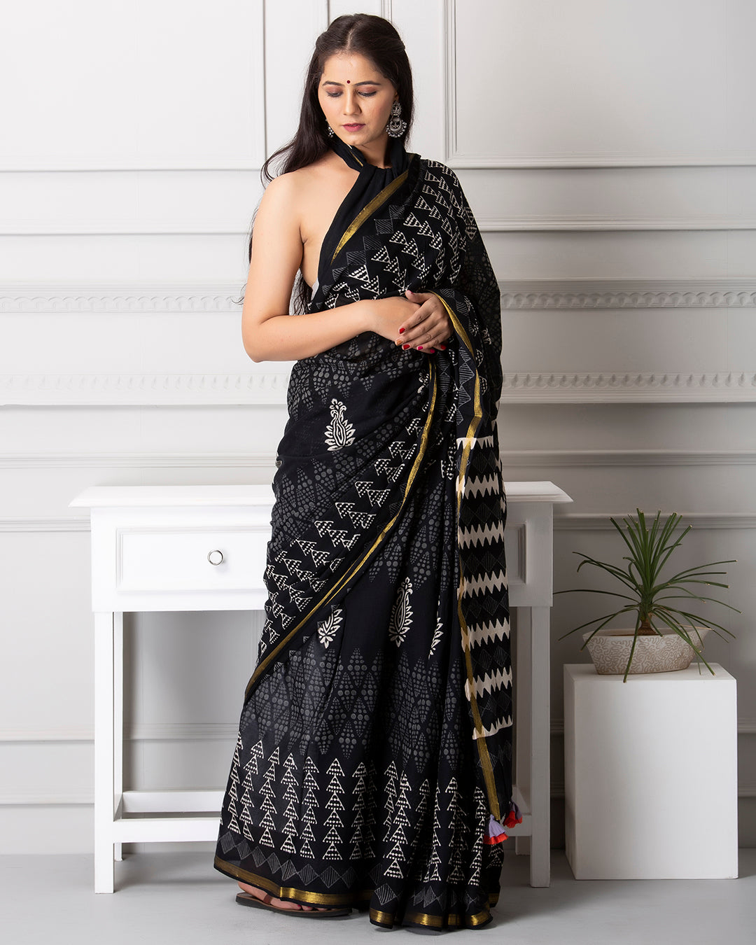 Tree Handblock Printed Black Mulmul Saree
