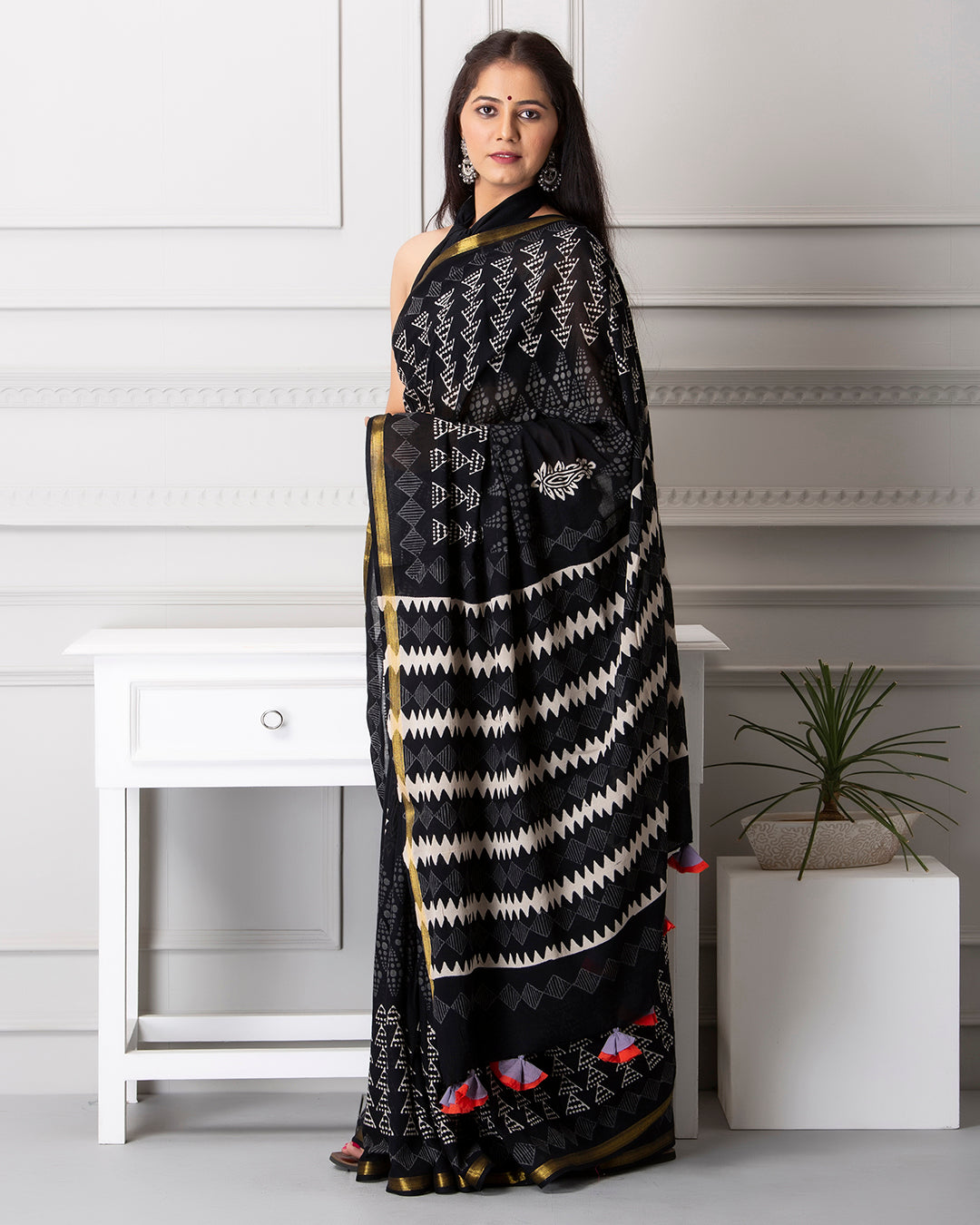 Tree Handblock Printed Black Mulmul Saree