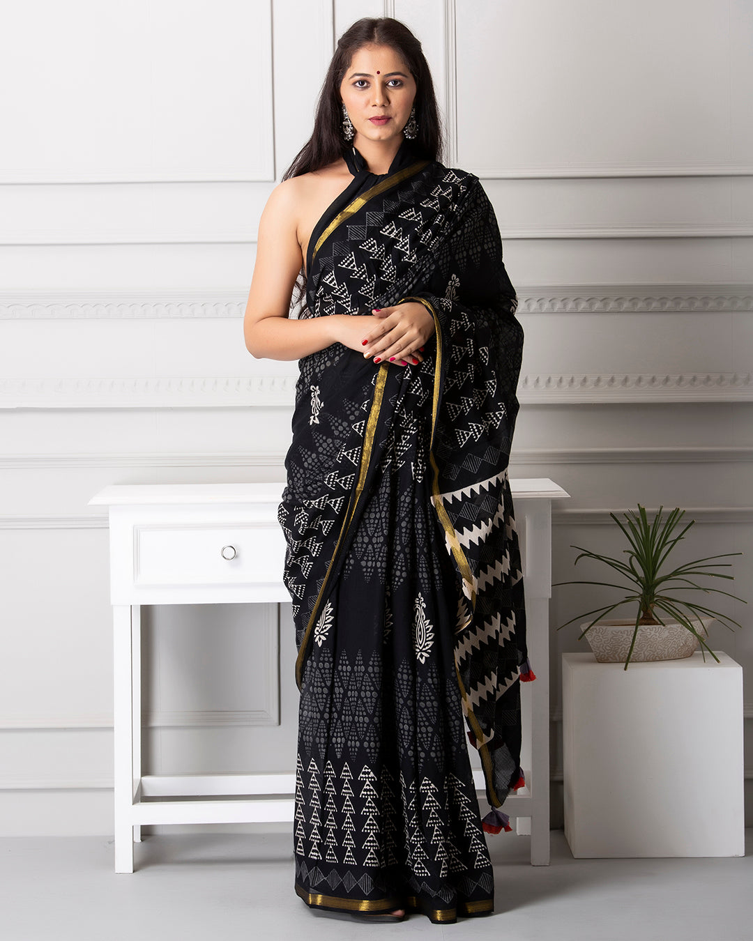 Tree Handblock Printed Black Mulmul Saree