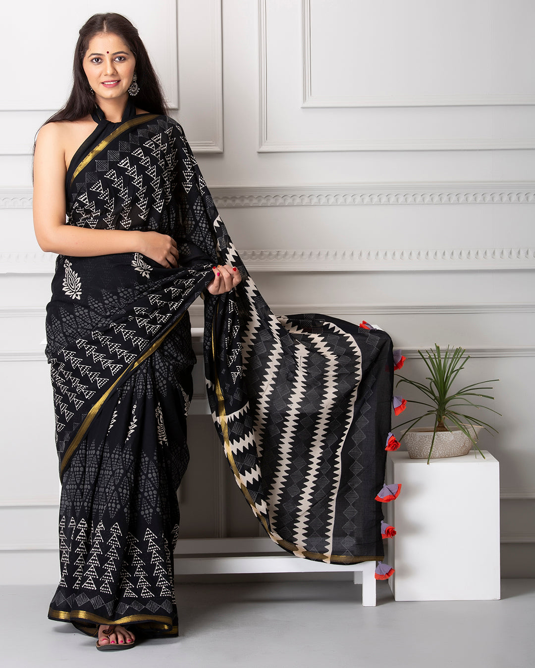 Tree Handblock Printed Black Mulmul Saree