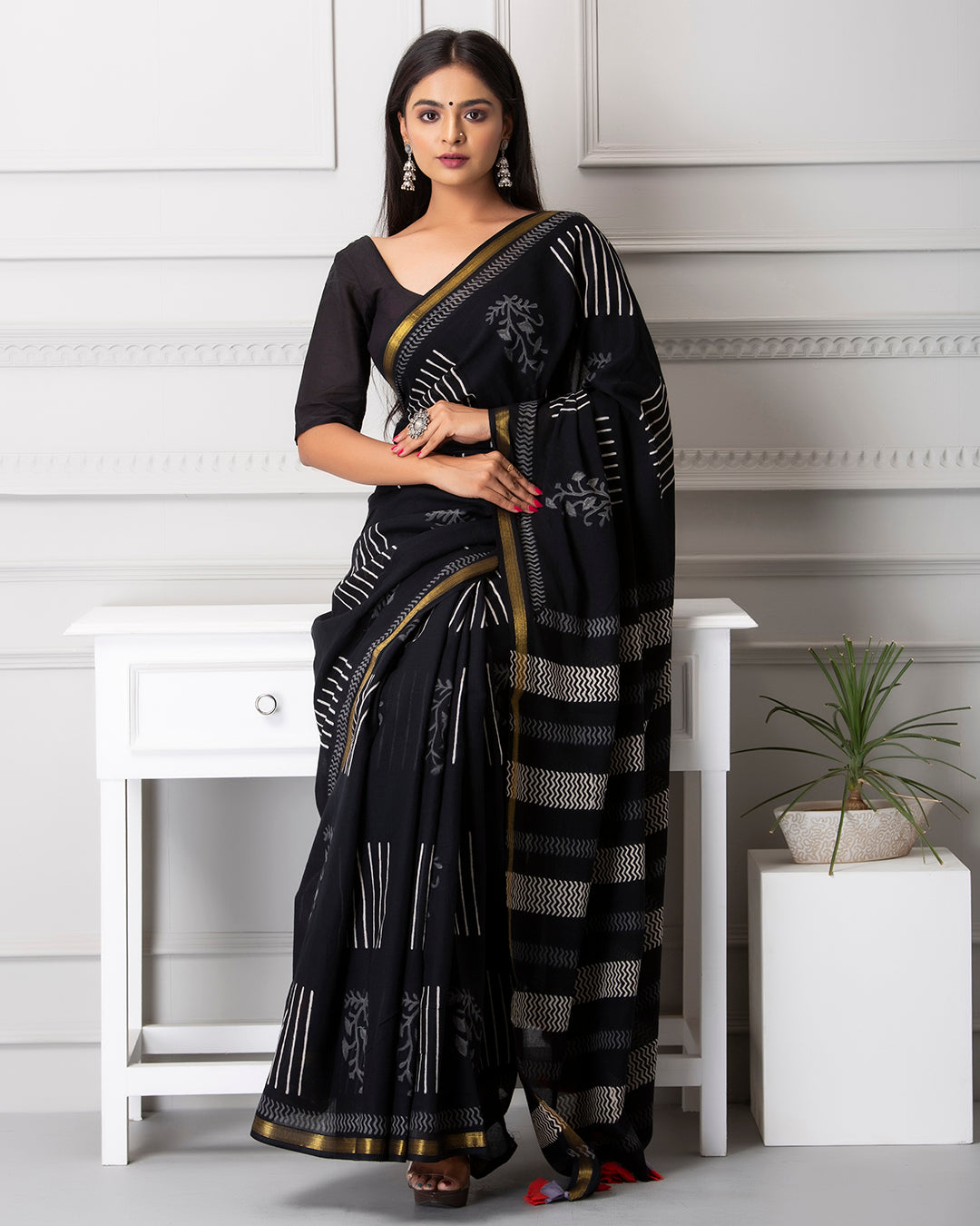 Zigzag Handblock Print Black Mulmul Saree