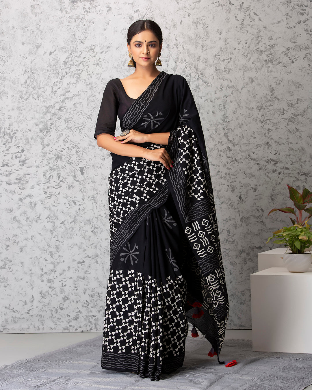 Abstract Bow Handblock Print Black Mulmul Saree
