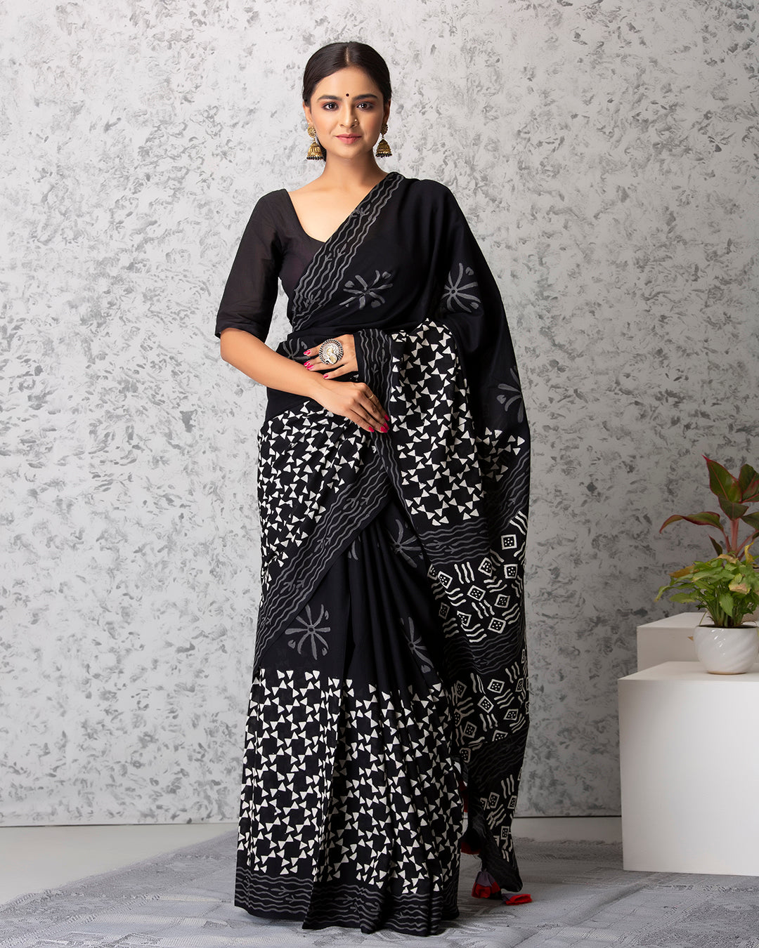 Abstract Bow Handblock Print Black Mulmul Saree