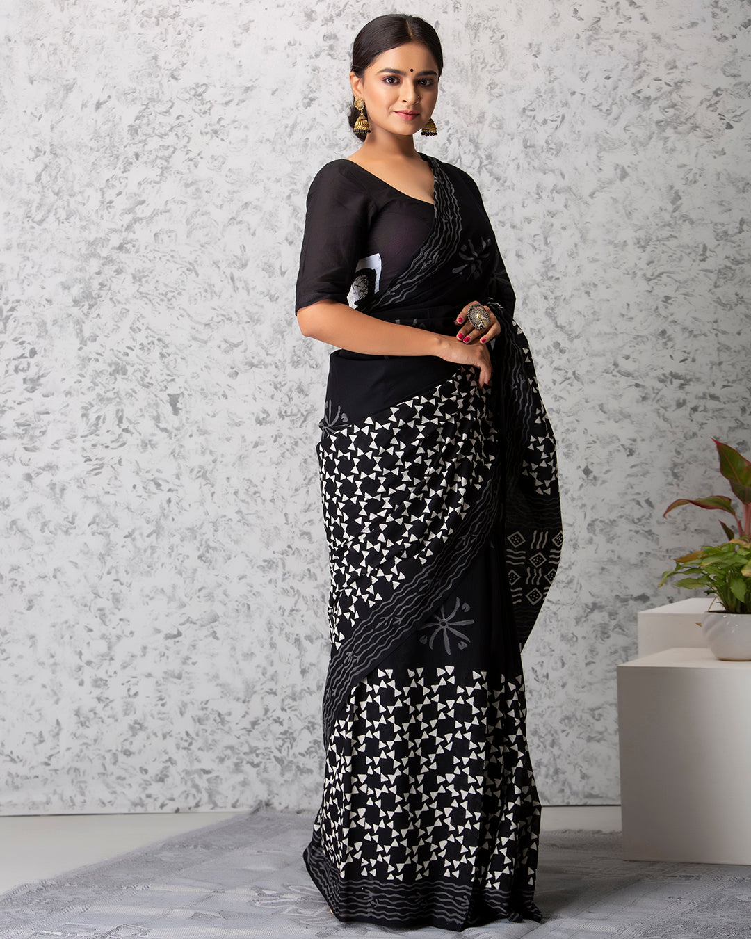 Abstract Bow Handblock Print Black Mulmul Saree
