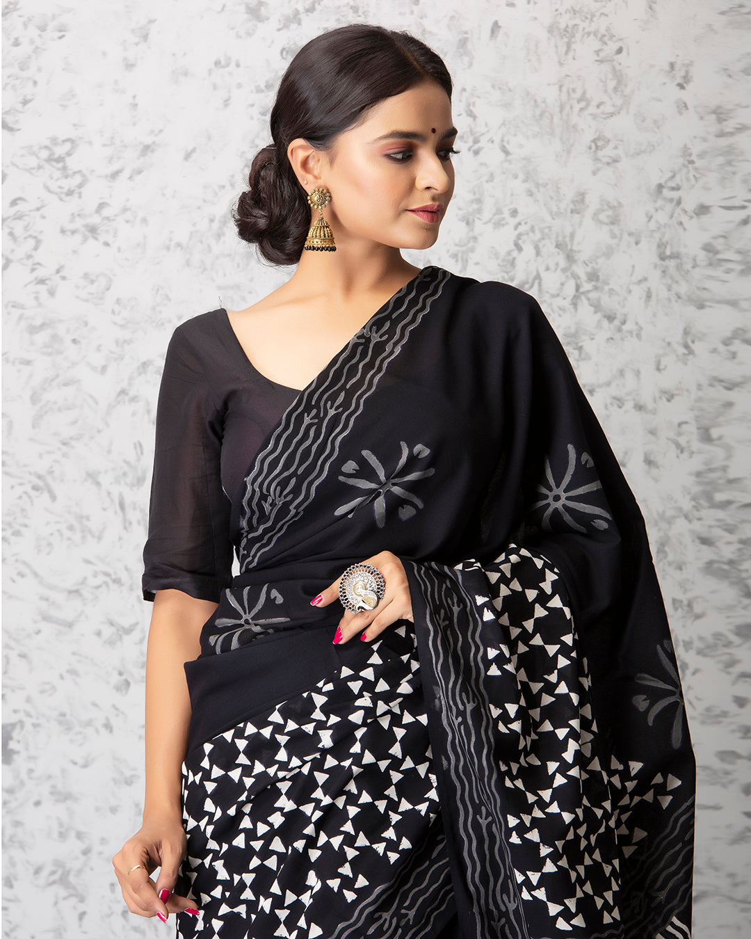 Abstract Bow Handblock Print Black Mulmul Saree