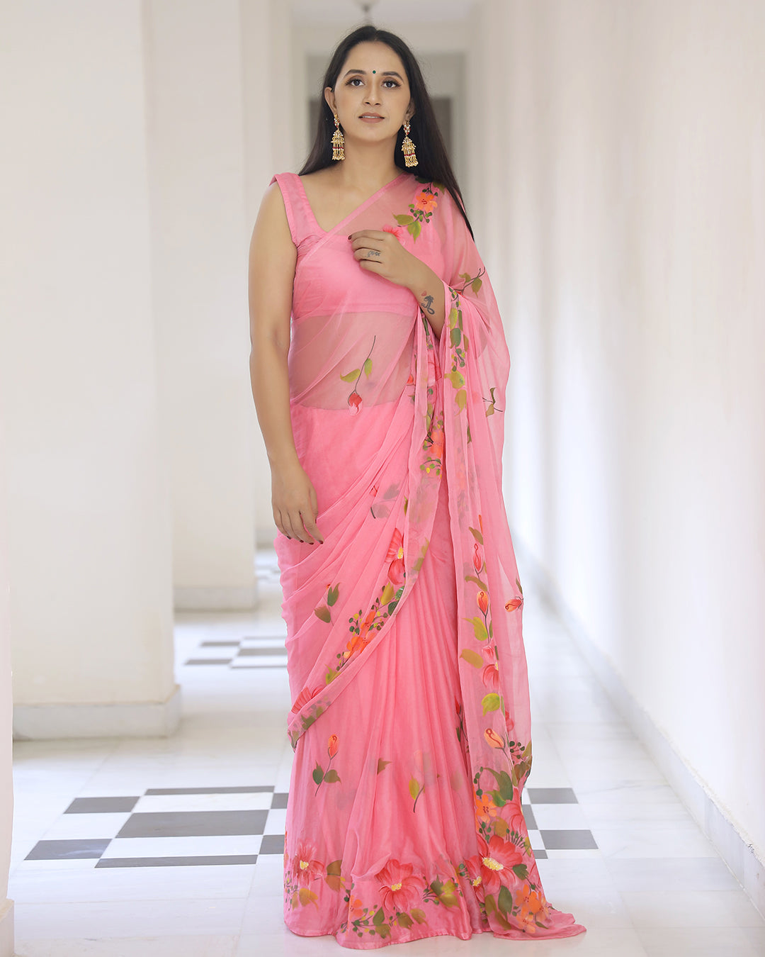 Coral Floral Hand Painted Chiffon Saree