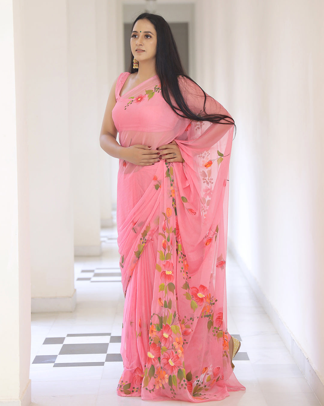 Coral Floral Hand Painted Chiffon Saree