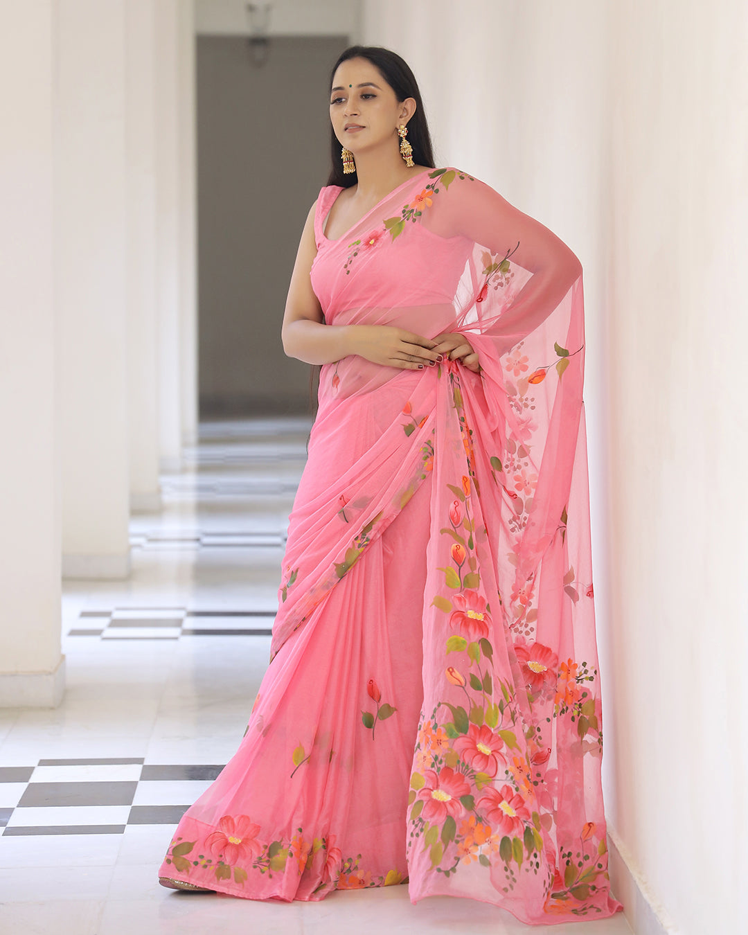 Coral Floral Hand Painted Chiffon Saree