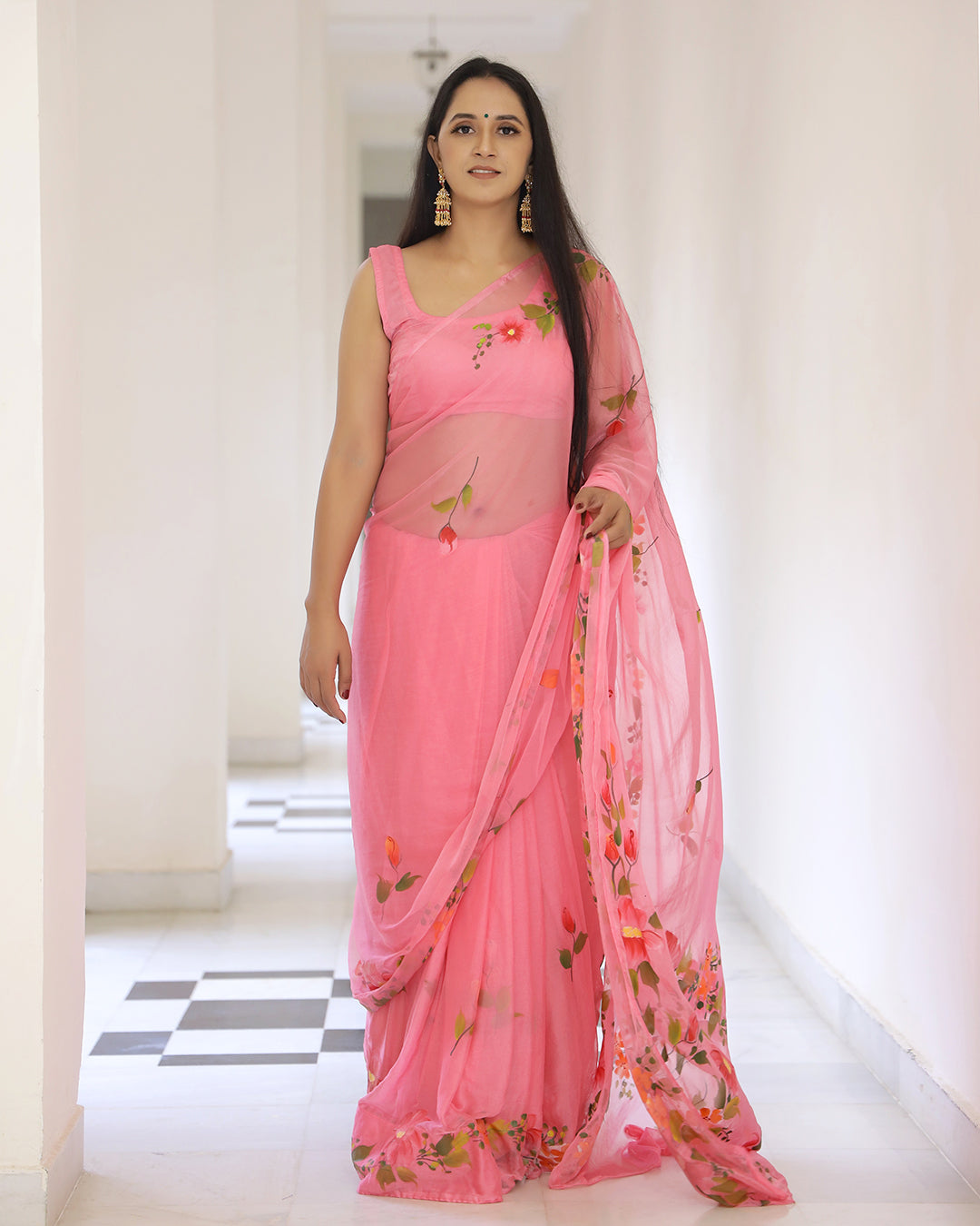 Coral Floral Hand Painted Chiffon Saree
