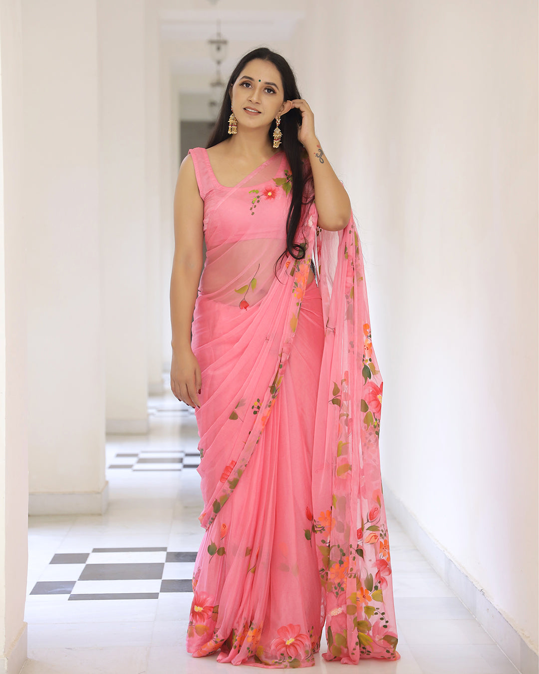 Coral Floral Hand Painted Chiffon Saree
