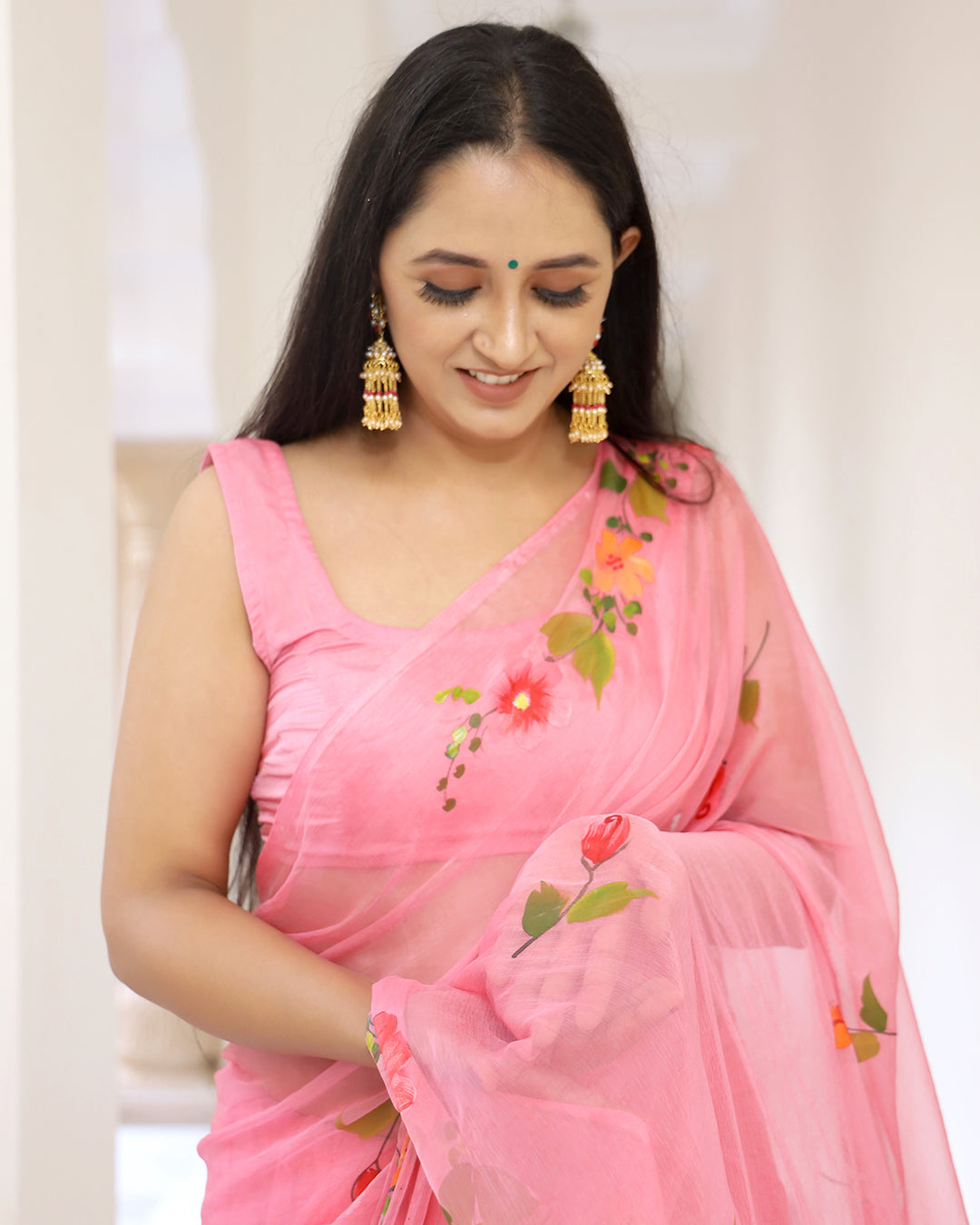 Coral Floral Hand Painted Chiffon Saree