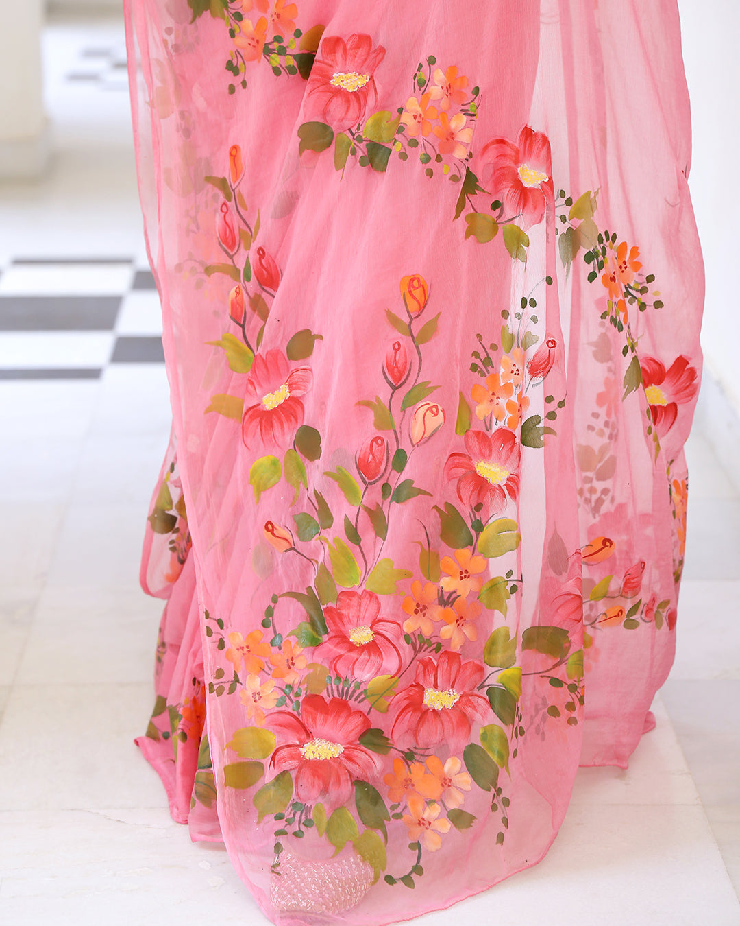 Coral Floral Hand Painted Chiffon Saree