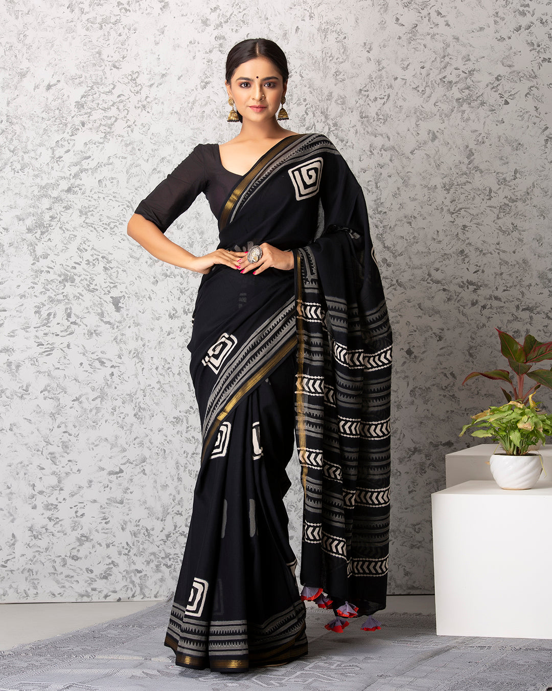 Geometric Handblock Print Black Mulmul Saree