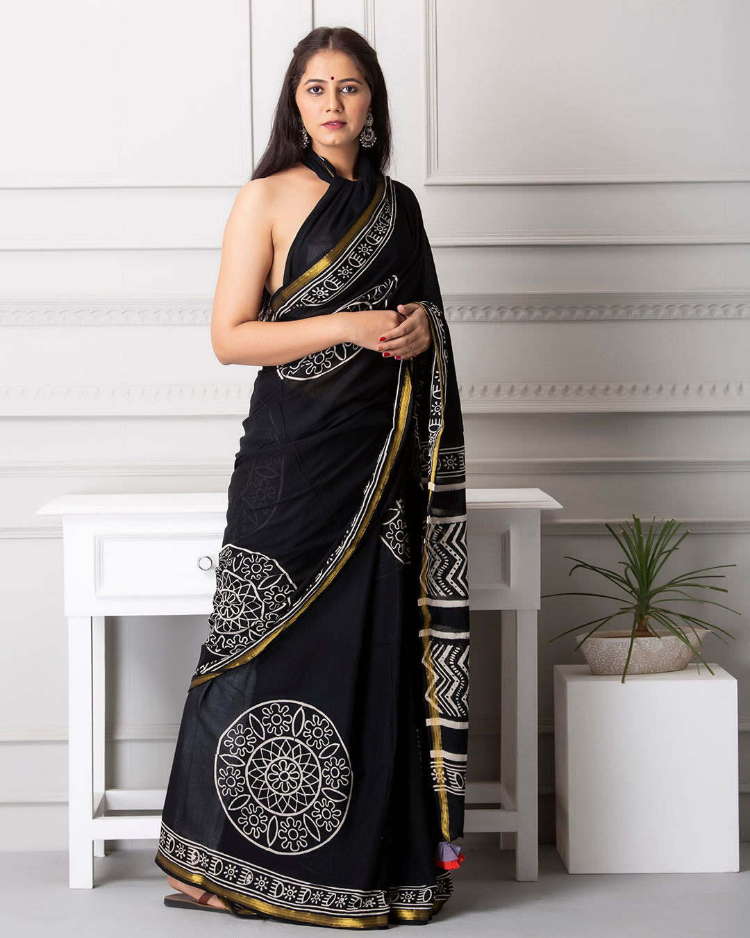 Stripes Handblock Printed Indigo Mulmul Saree