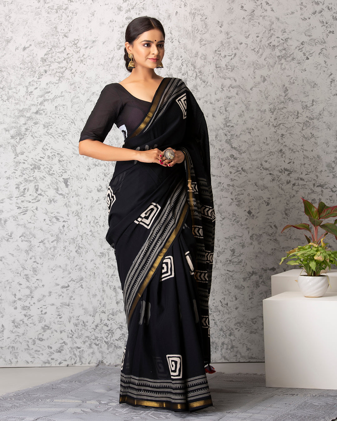 Geometric Handblock Print Black Mulmul Saree
