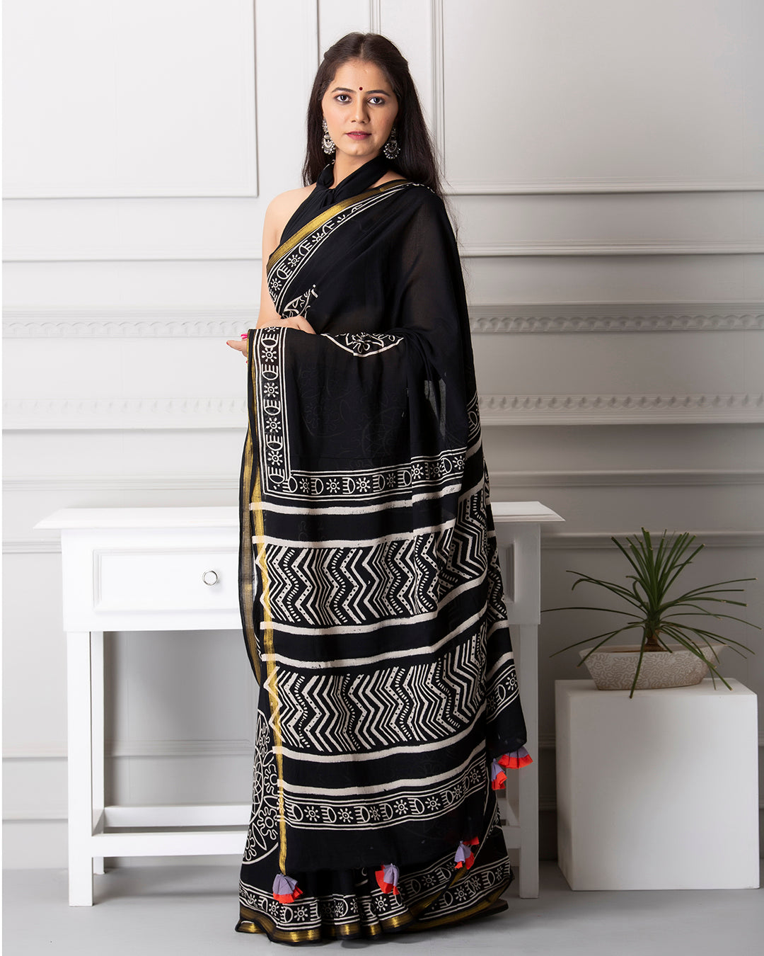 Stripes Handblock Printed Indigo Mulmul Saree