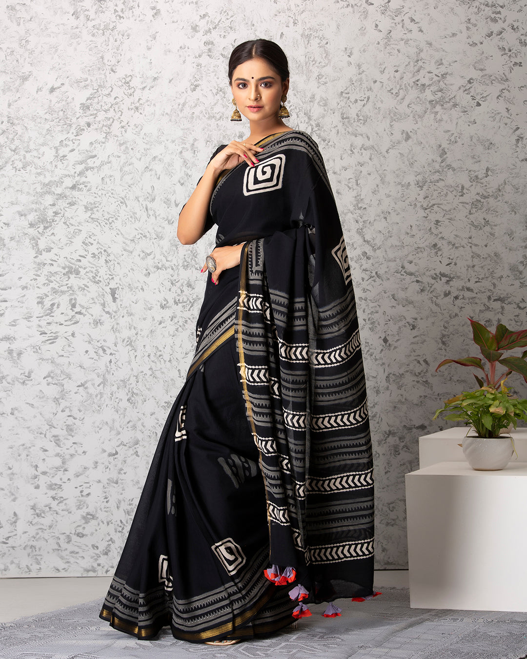 Geometric Handblock Print Black Mulmul Saree